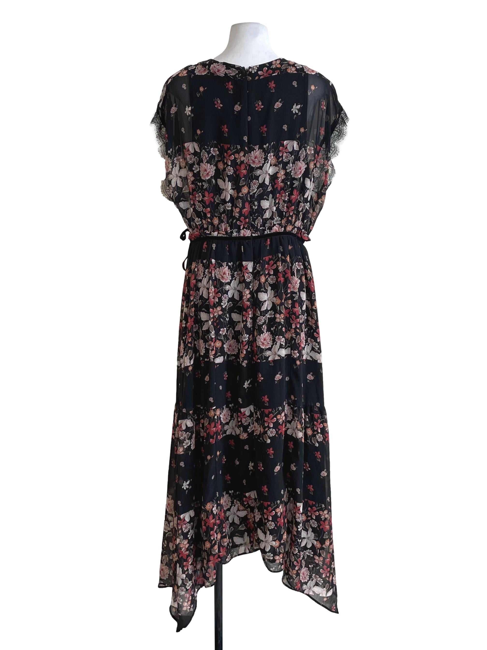Black Floral Eyelash Lace Chiffon Dress