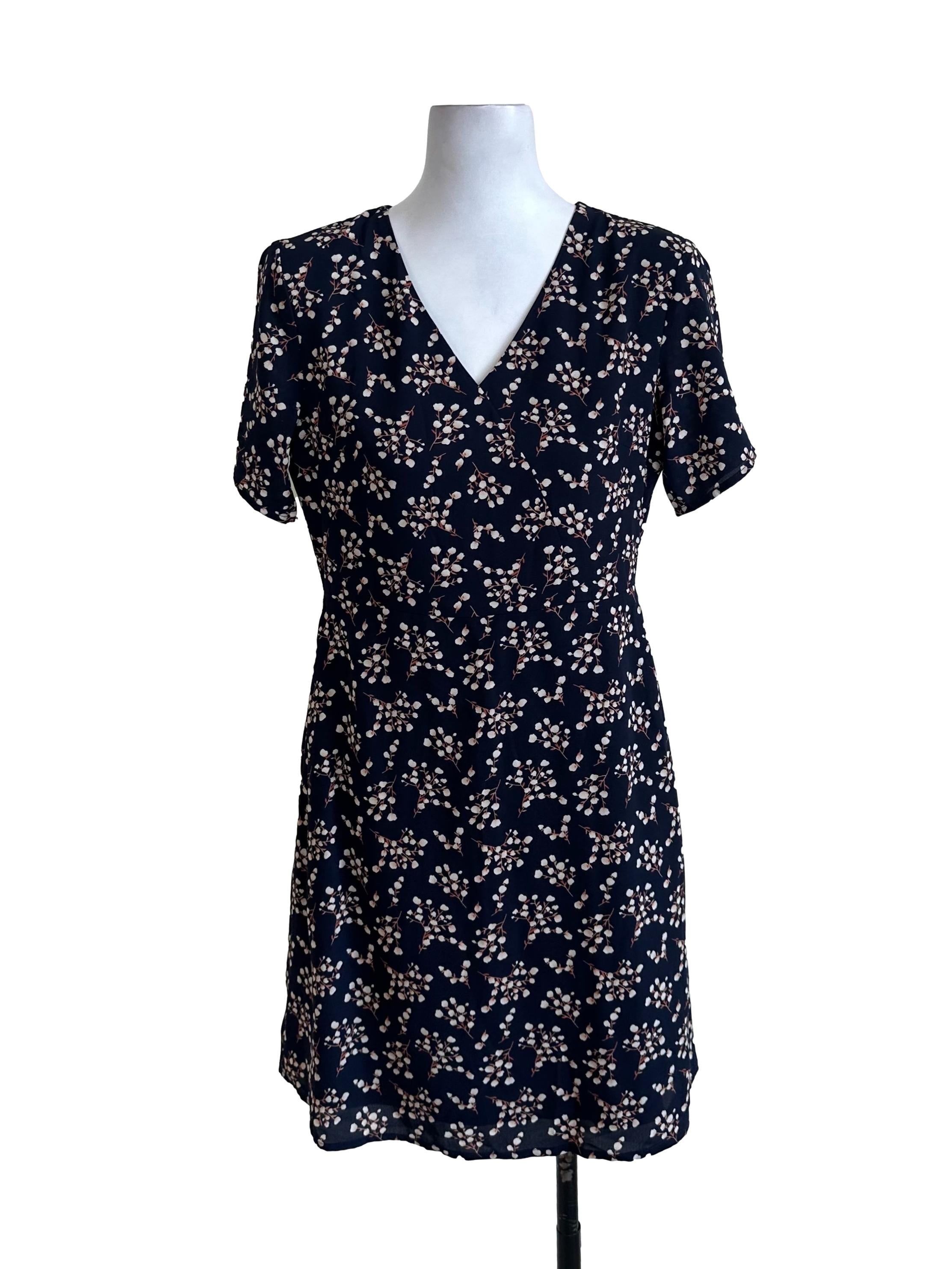Midnight Blue Pattern V Neck Dress