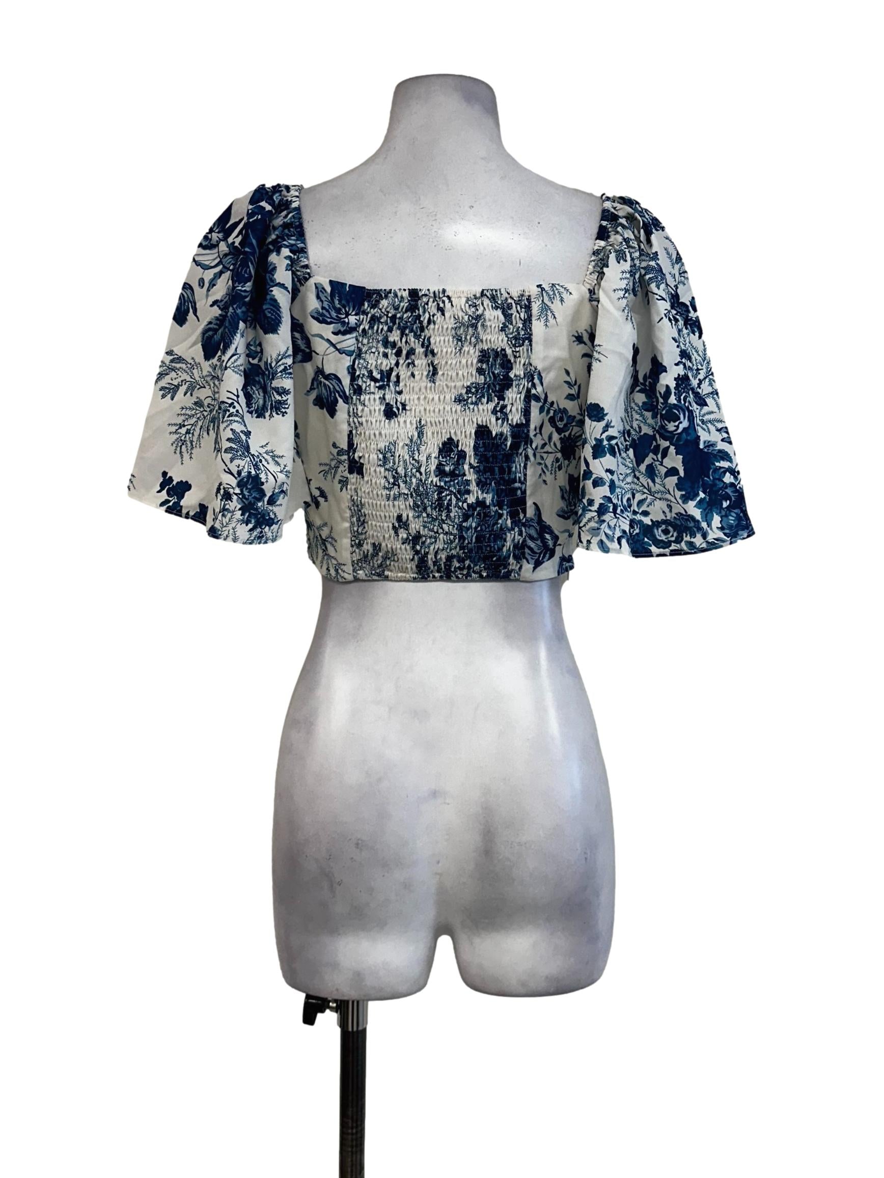 White With Blue Flower Printed Padded Crop Top