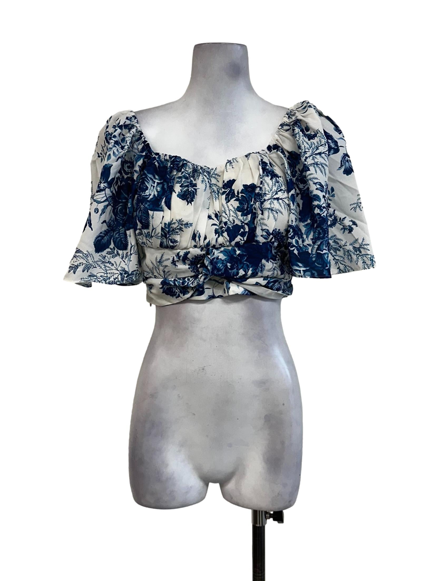 White With Blue Flower Printed Padded Crop Top