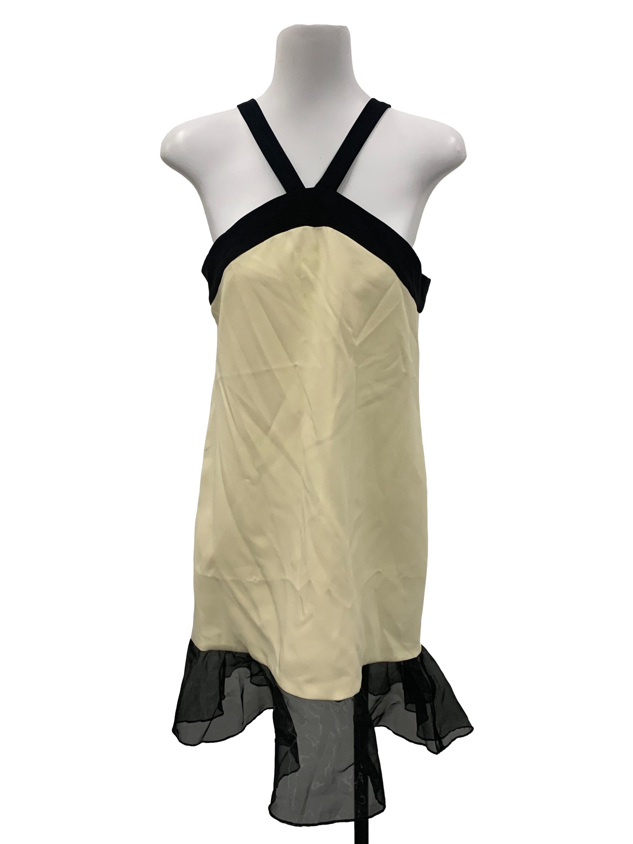 Pale Yellow And Black Halter Mesh Dress