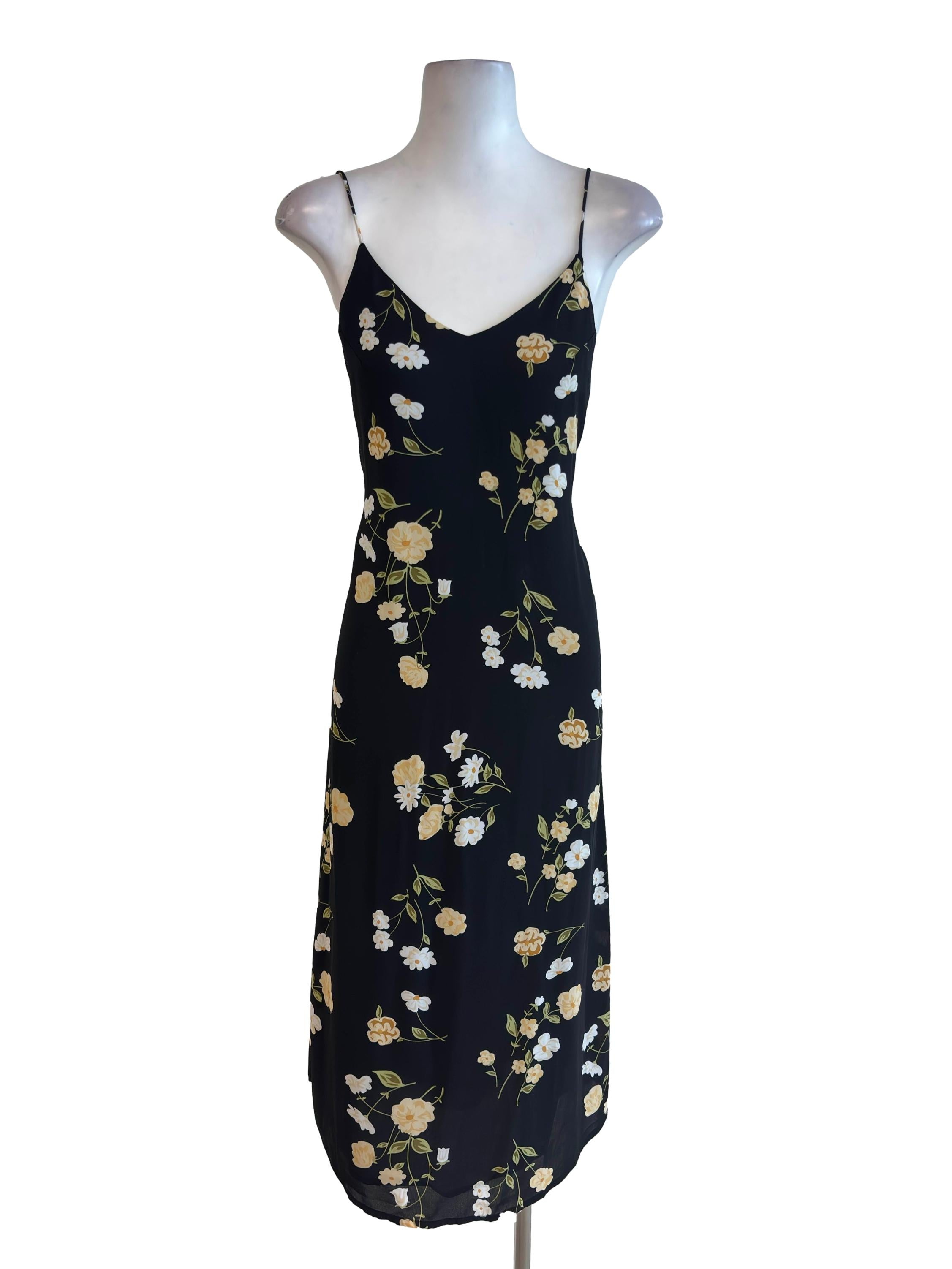 Black Floral Ribbon Back V Neck Slip Dress