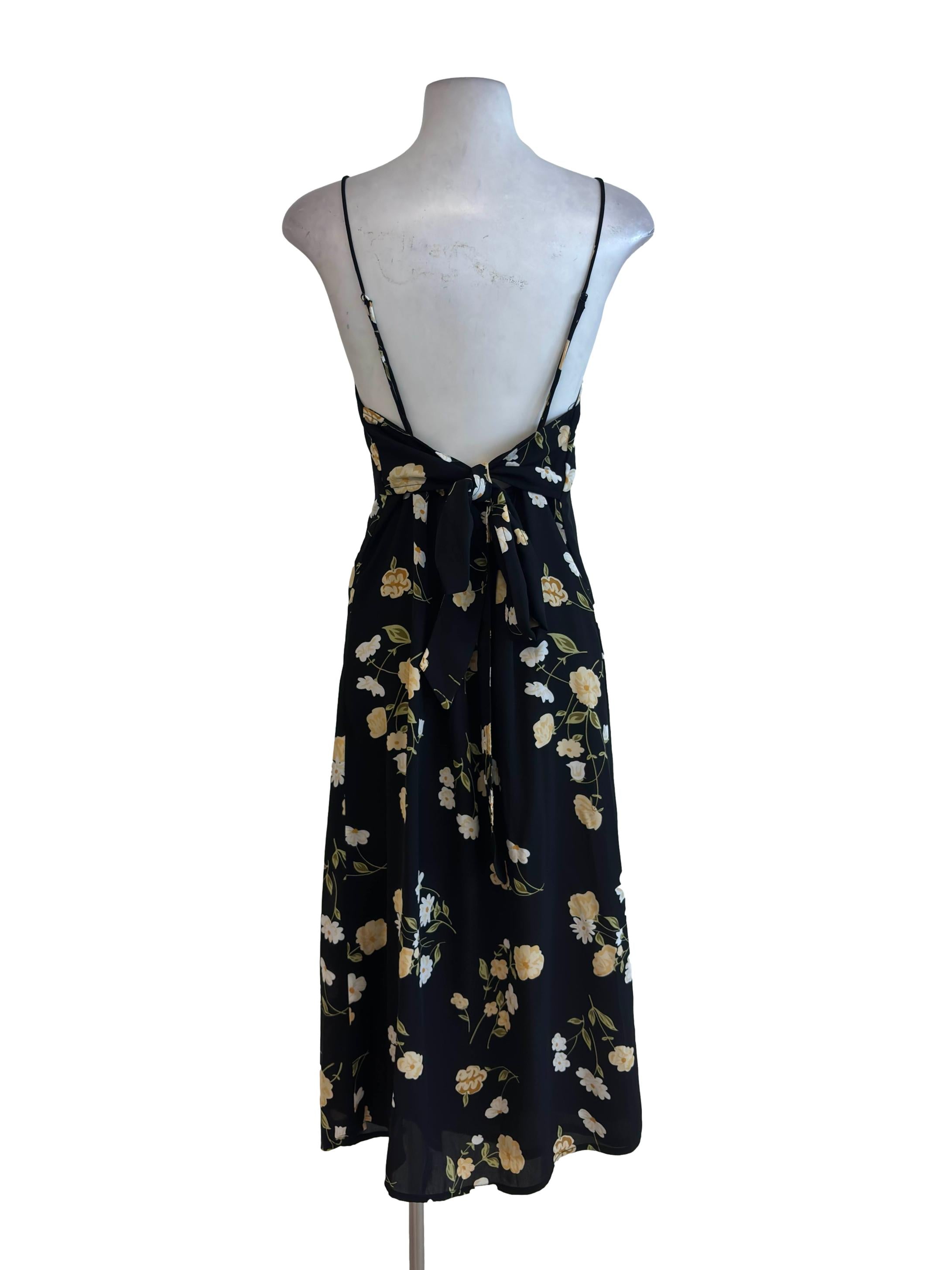Black Floral Ribbon Back V Neck Slip Dress