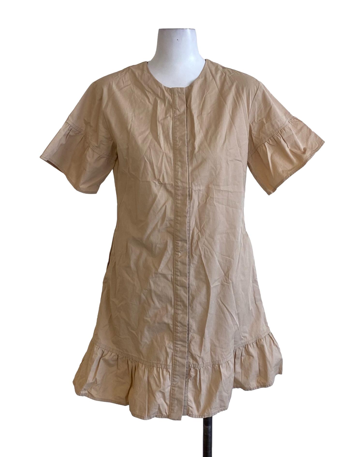 Beige Brown Round Neck Ruffle Hem Shirt Dress