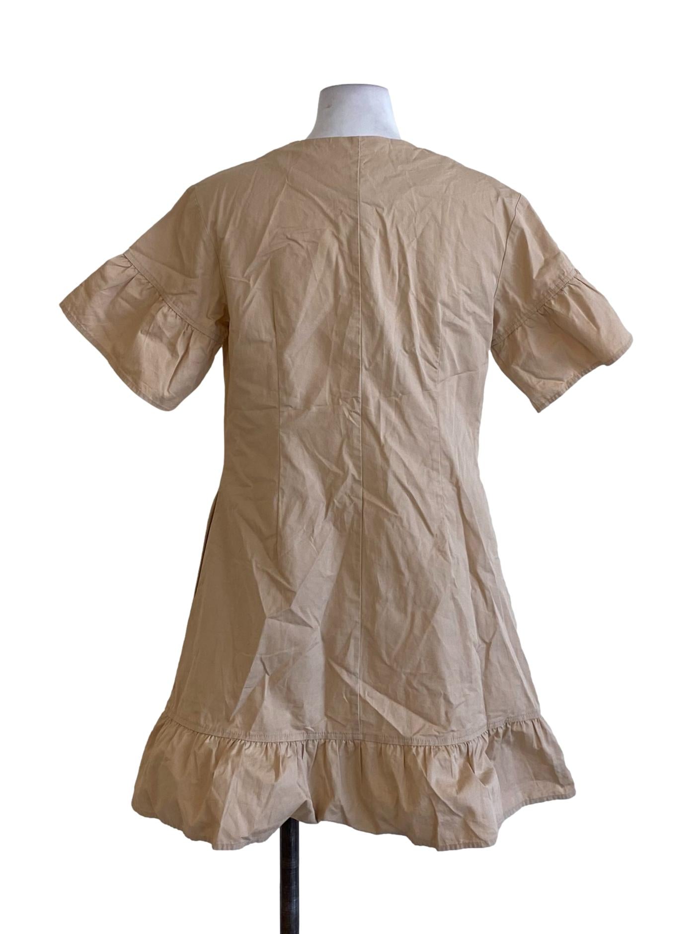 Beige Brown Round Neck Ruffle Hem Shirt Dress
