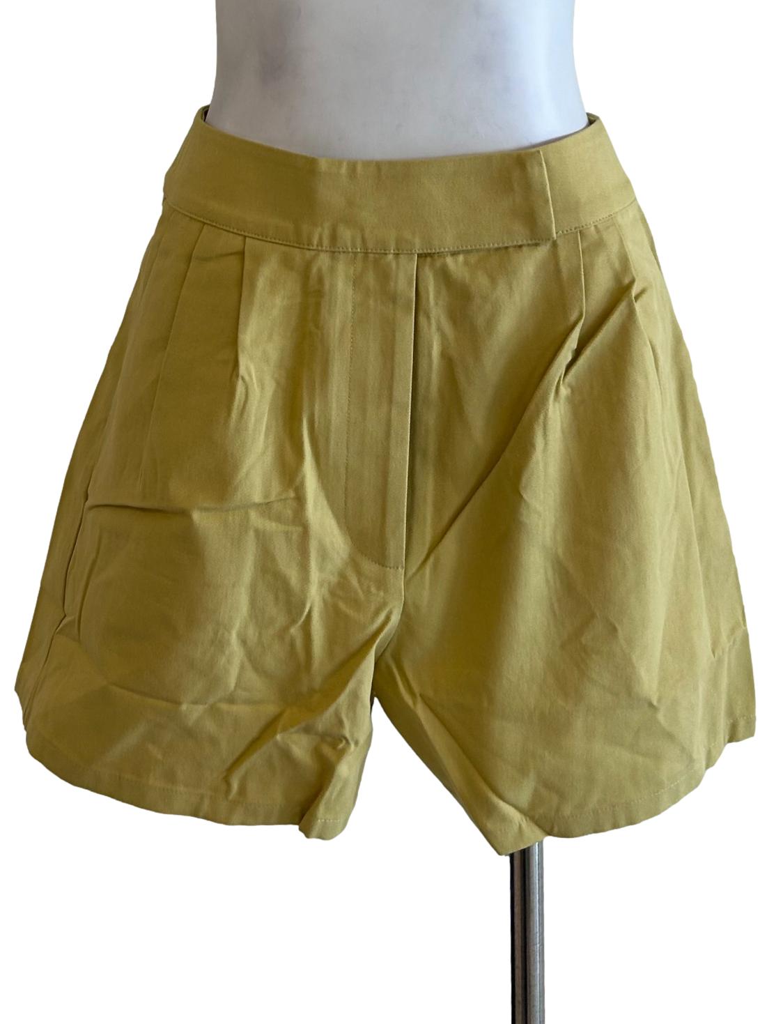 Yellow Cotton High-Waisted Pleat Shorts OSN