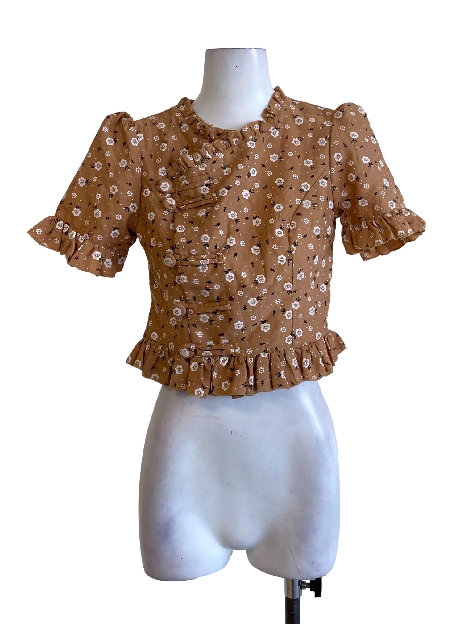 Caramel Brown Floral Printed Ruffle Hem Buttoned Cropped Top