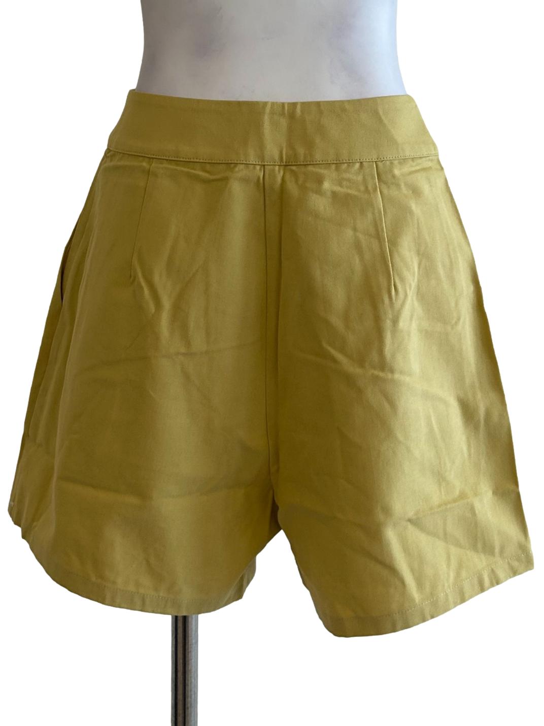 Yellow Cotton High-Waisted Pleat Shorts OSN