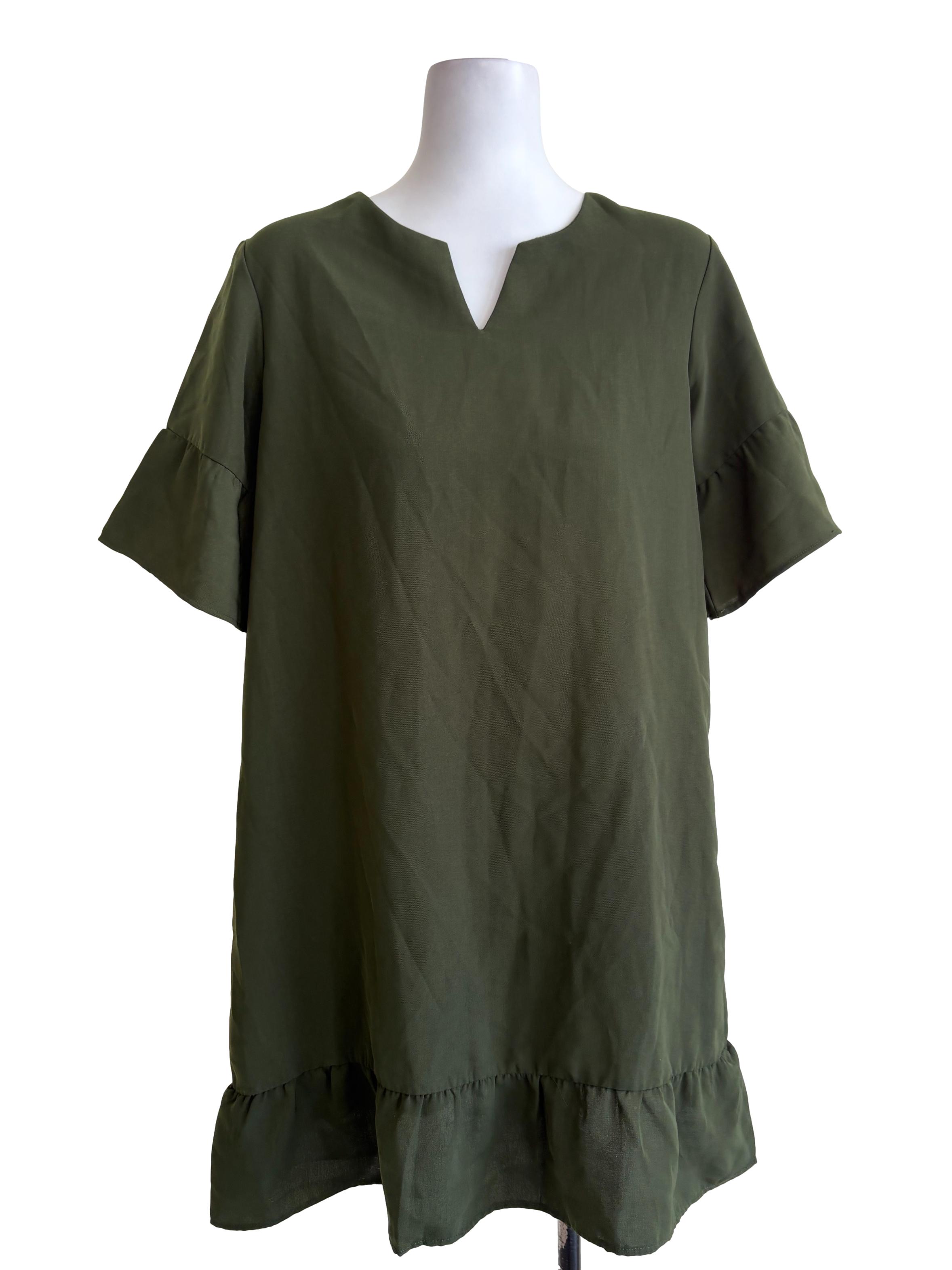 Olive Green A-Line Dress With Ruffled Hem
