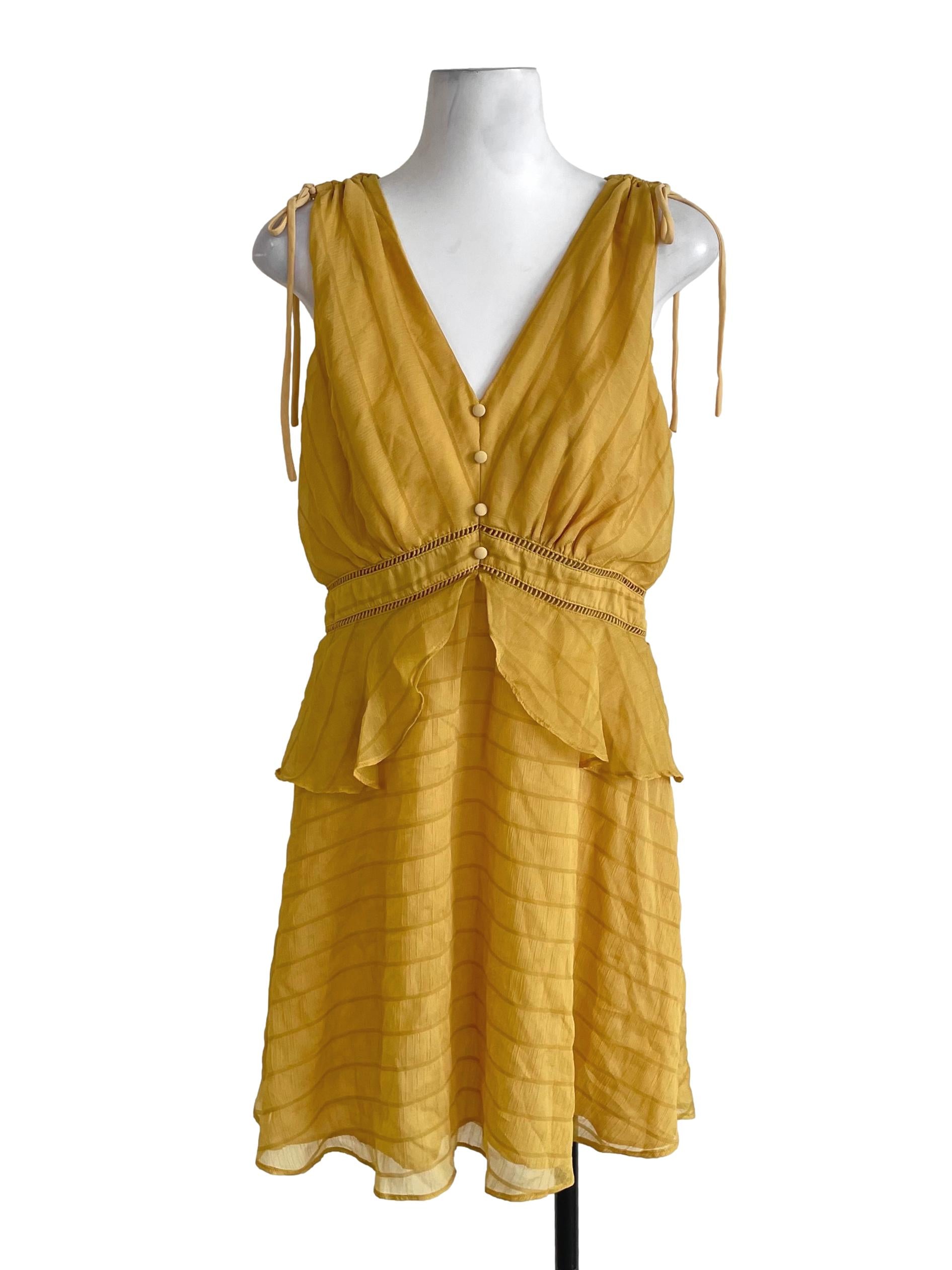 Yellow Ruched Shoulders Chiffon Dress