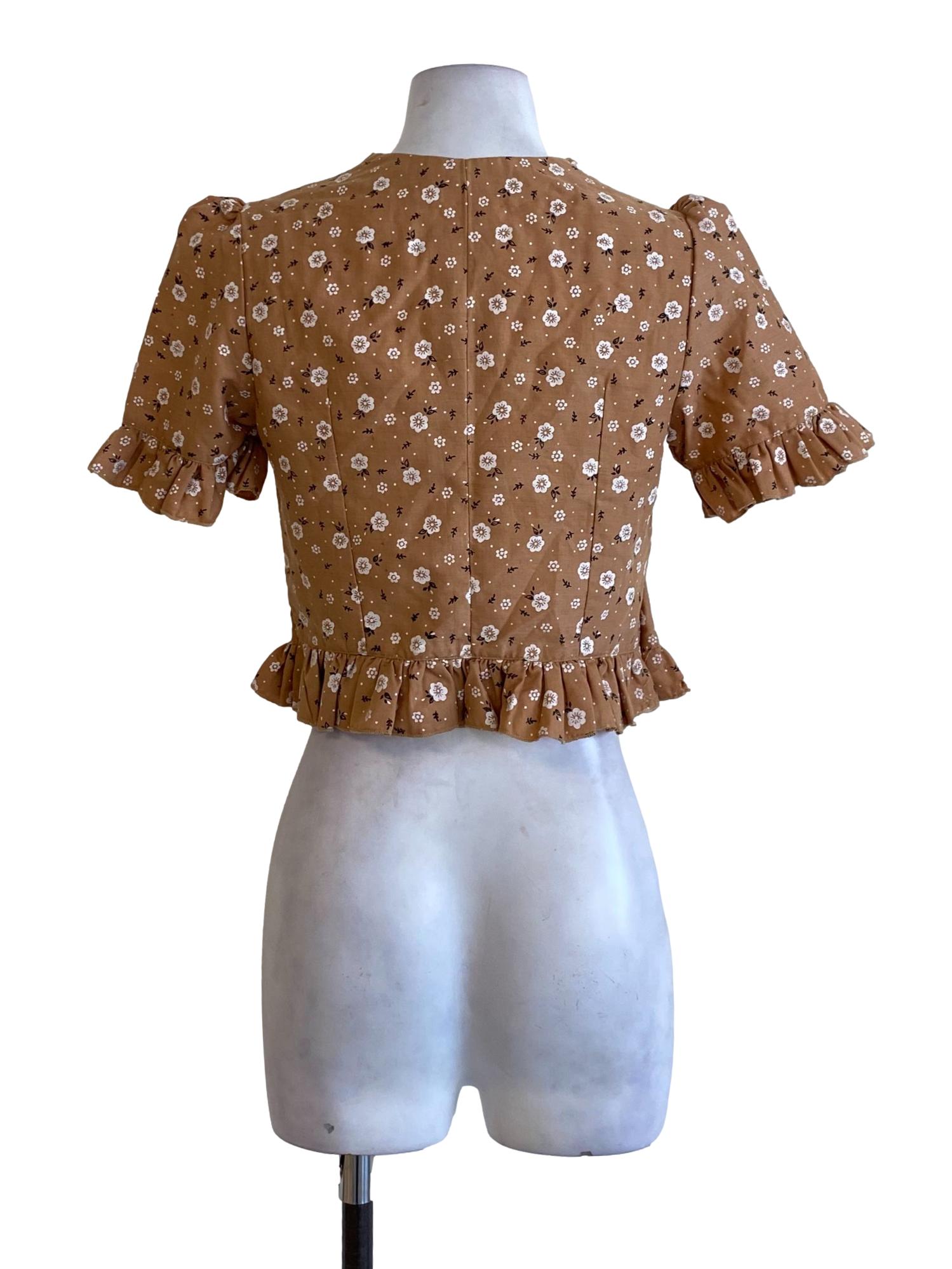 Caramel Brown Floral Printed Ruffle Hem Buttoned Cropped Top