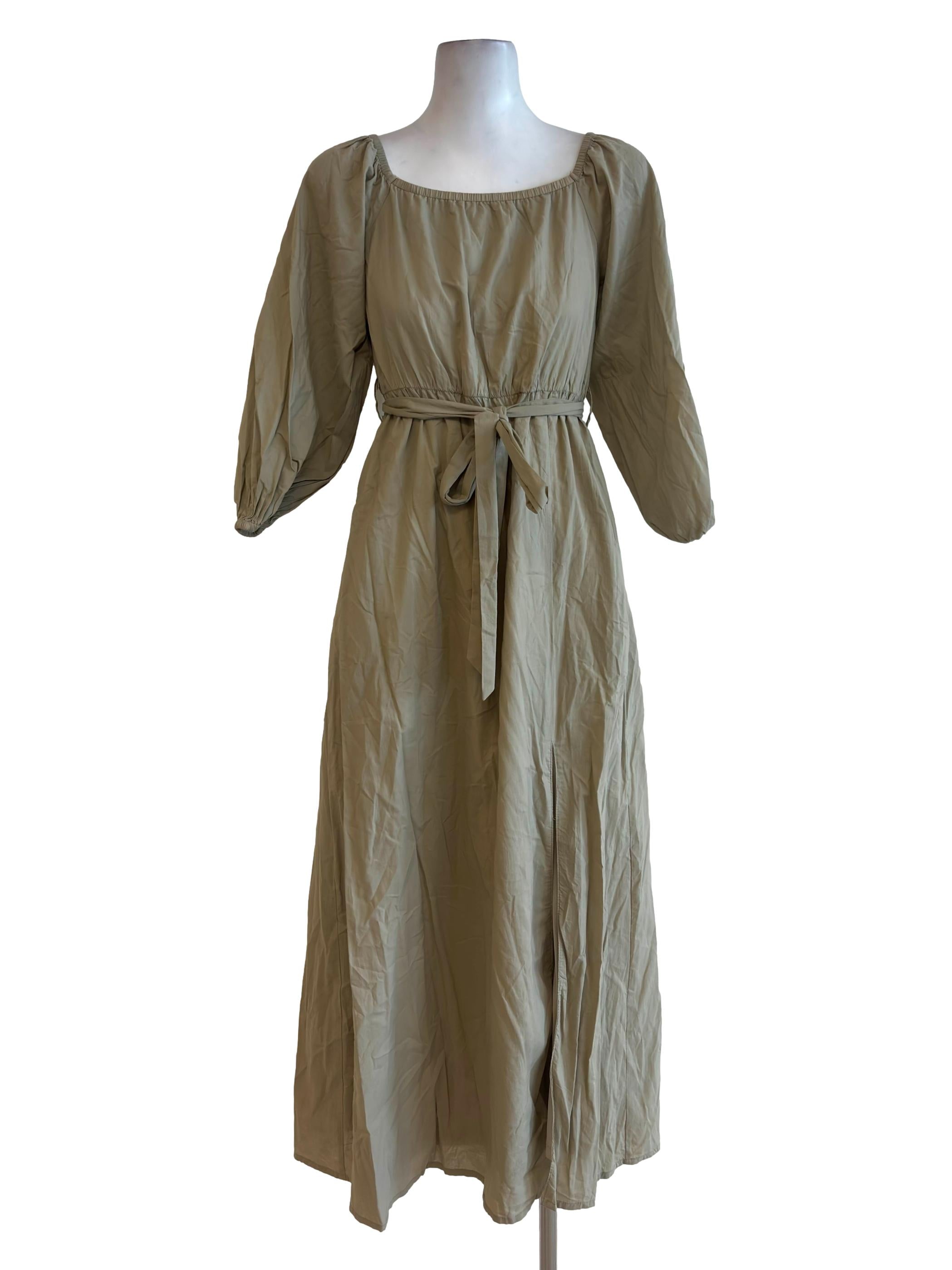 Sage Green Elastic Neckline Slit Dress