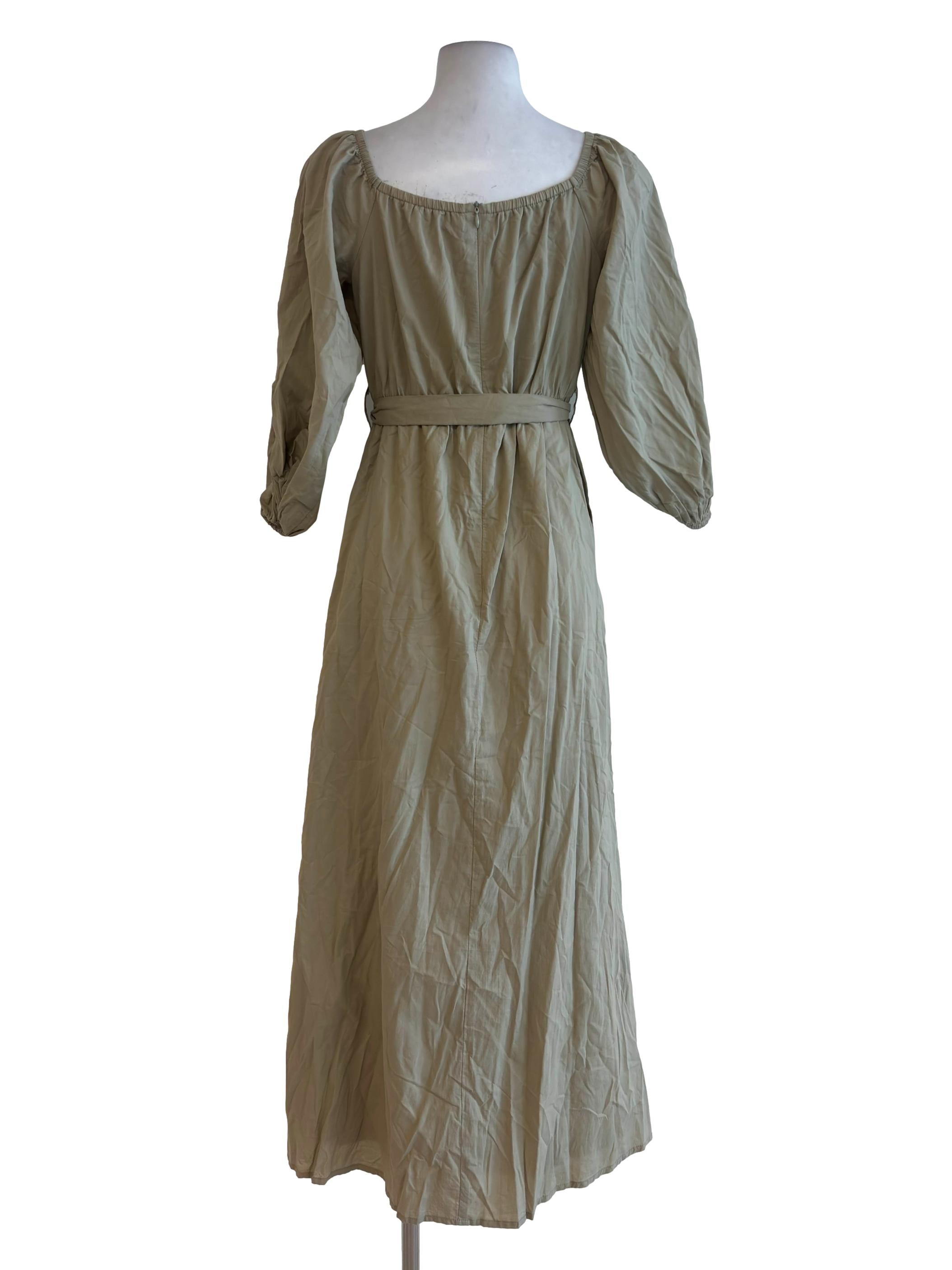 Sage Green Elastic Neckline Slit Dress