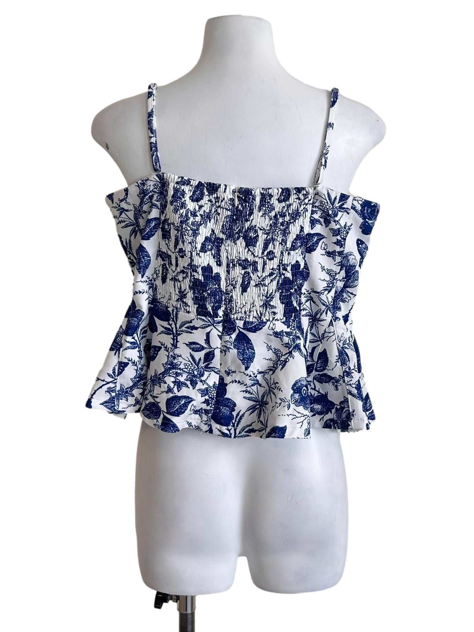 White Blue Floral Prints Peplum Crop Top