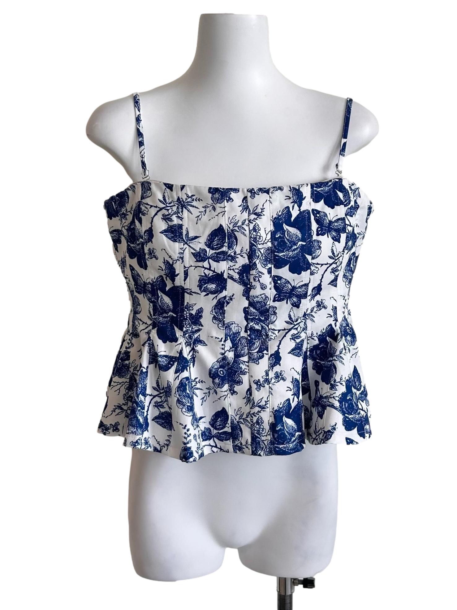 White Blue Floral Prints Peplum Crop Top