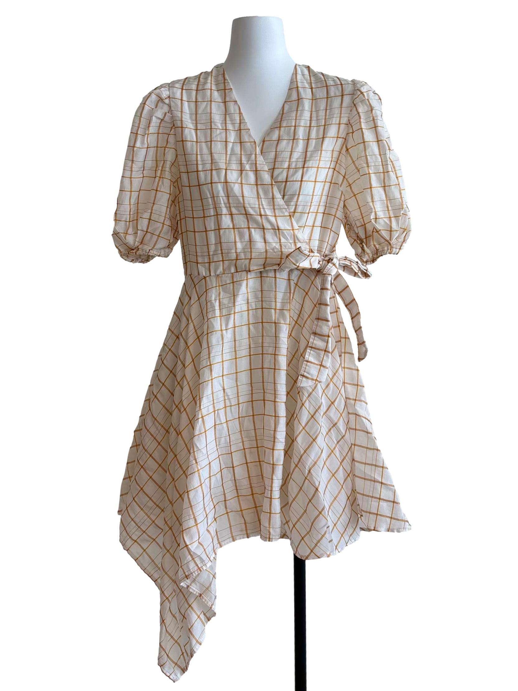 Cream Apricot Checkered Wrap Dress