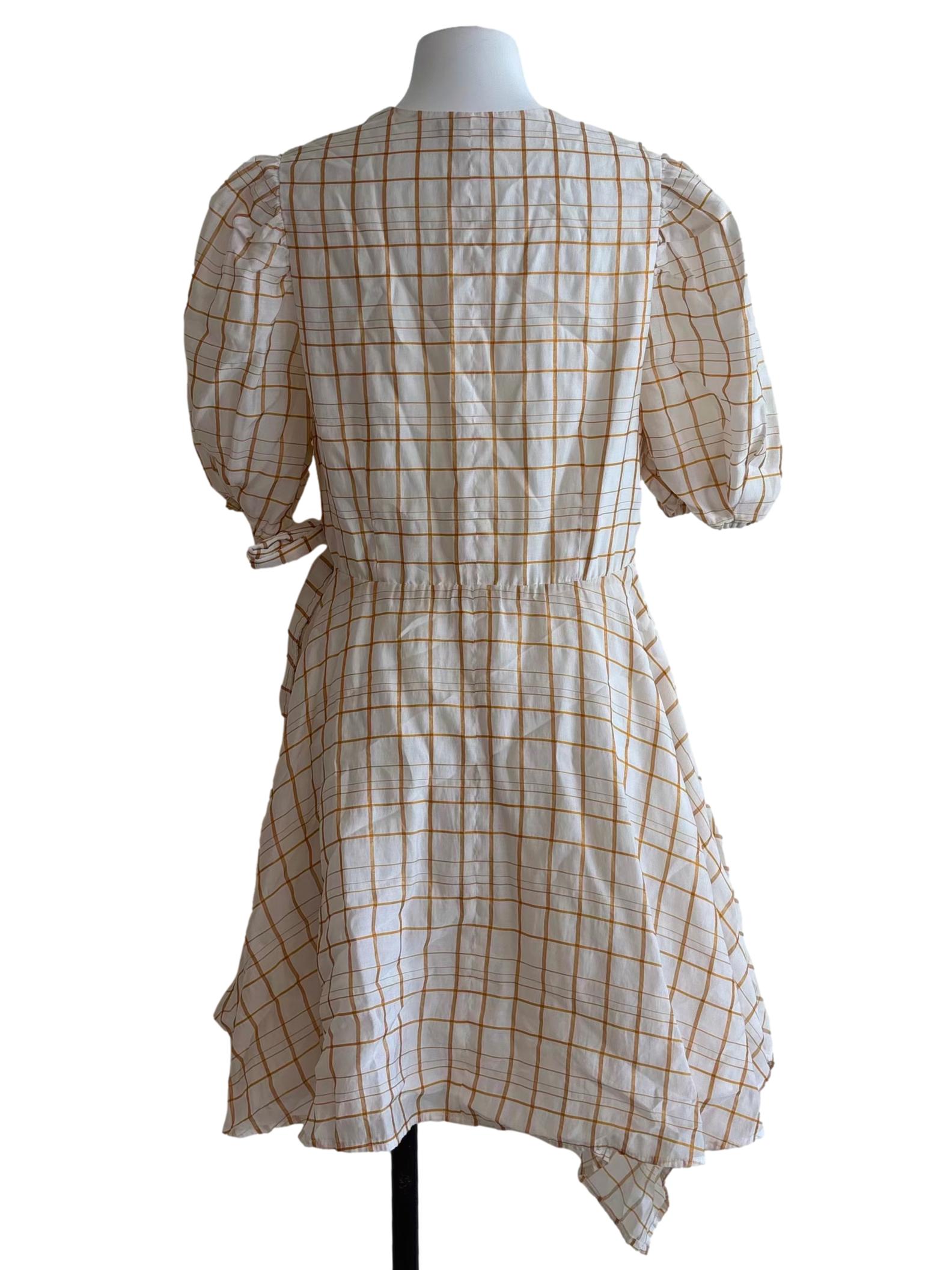Cream Apricot Checkered Wrap Dress