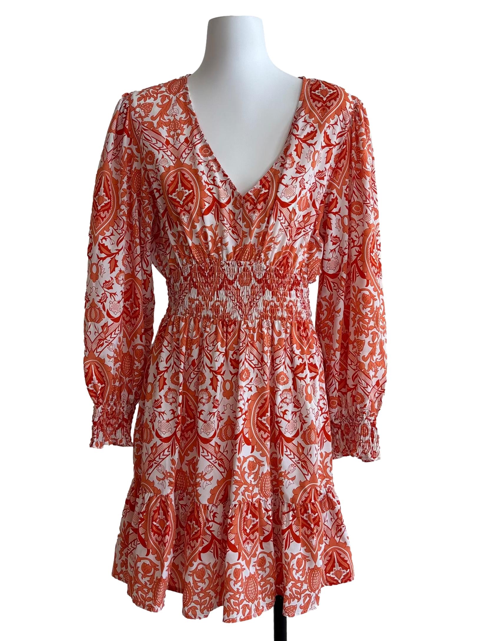 Flame Orange Smocked Printed Dress