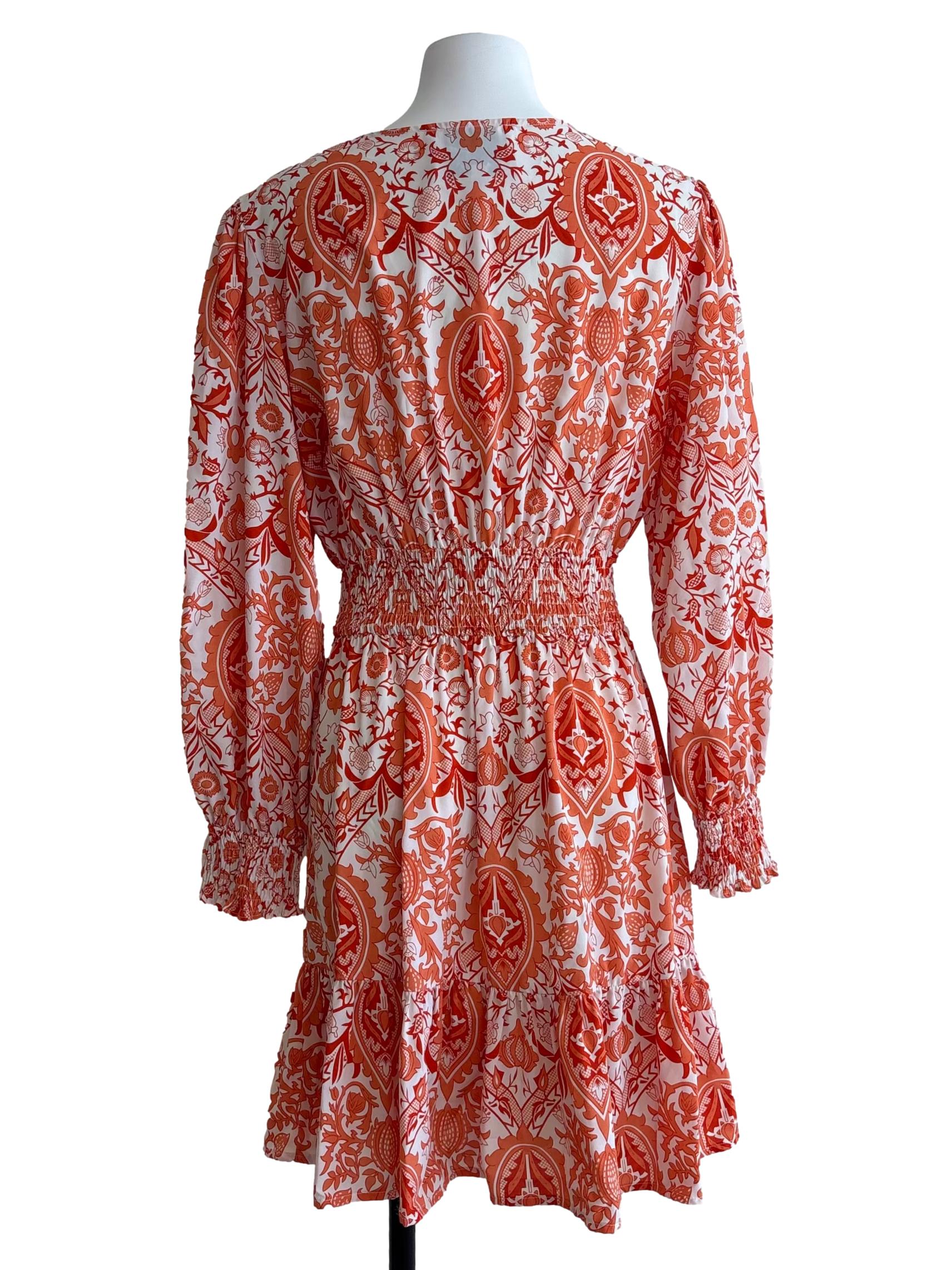 Flame Orange Smocked Printed Dress