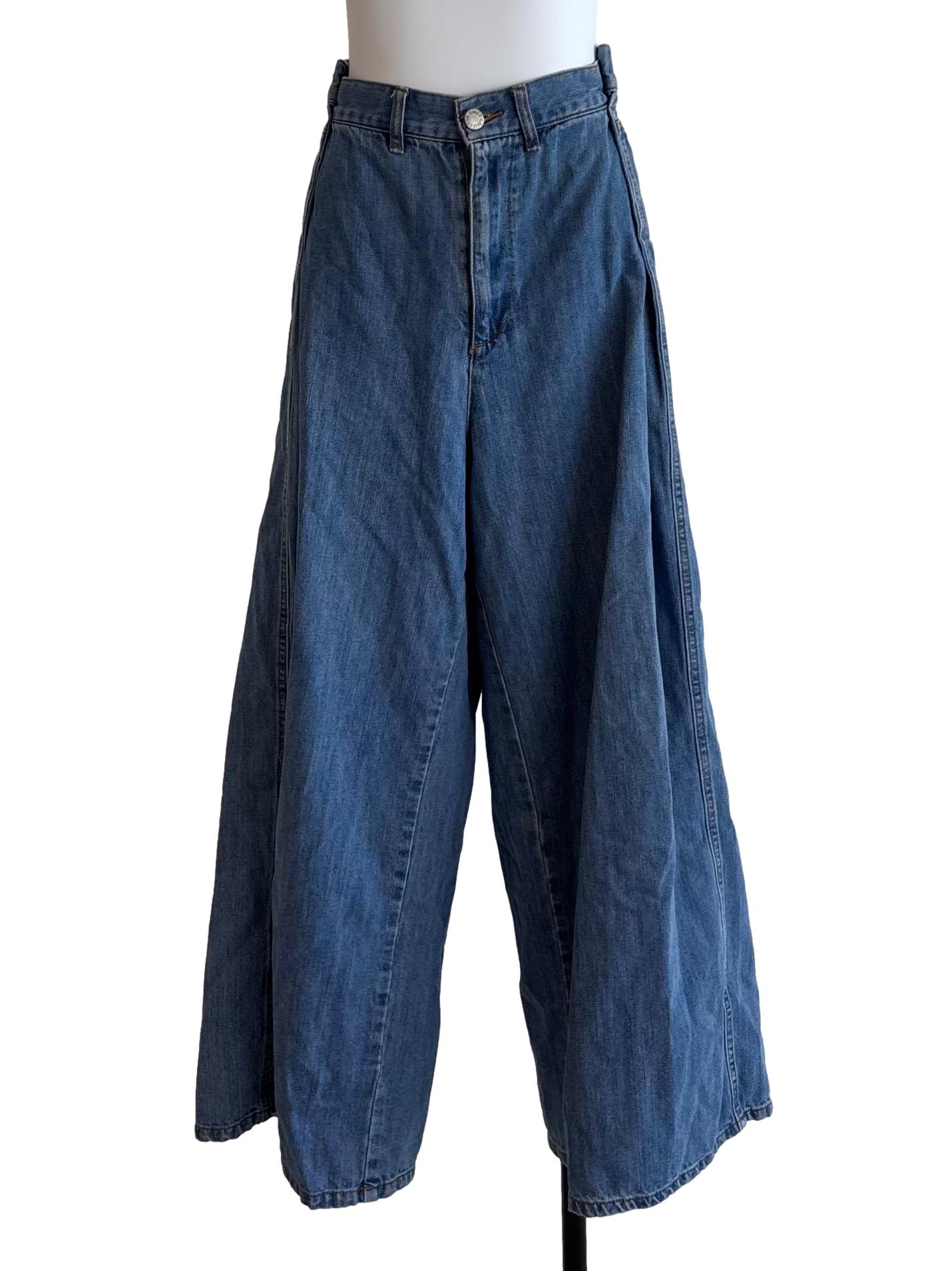 Denim Blue Pleated Waist Wide Jeans