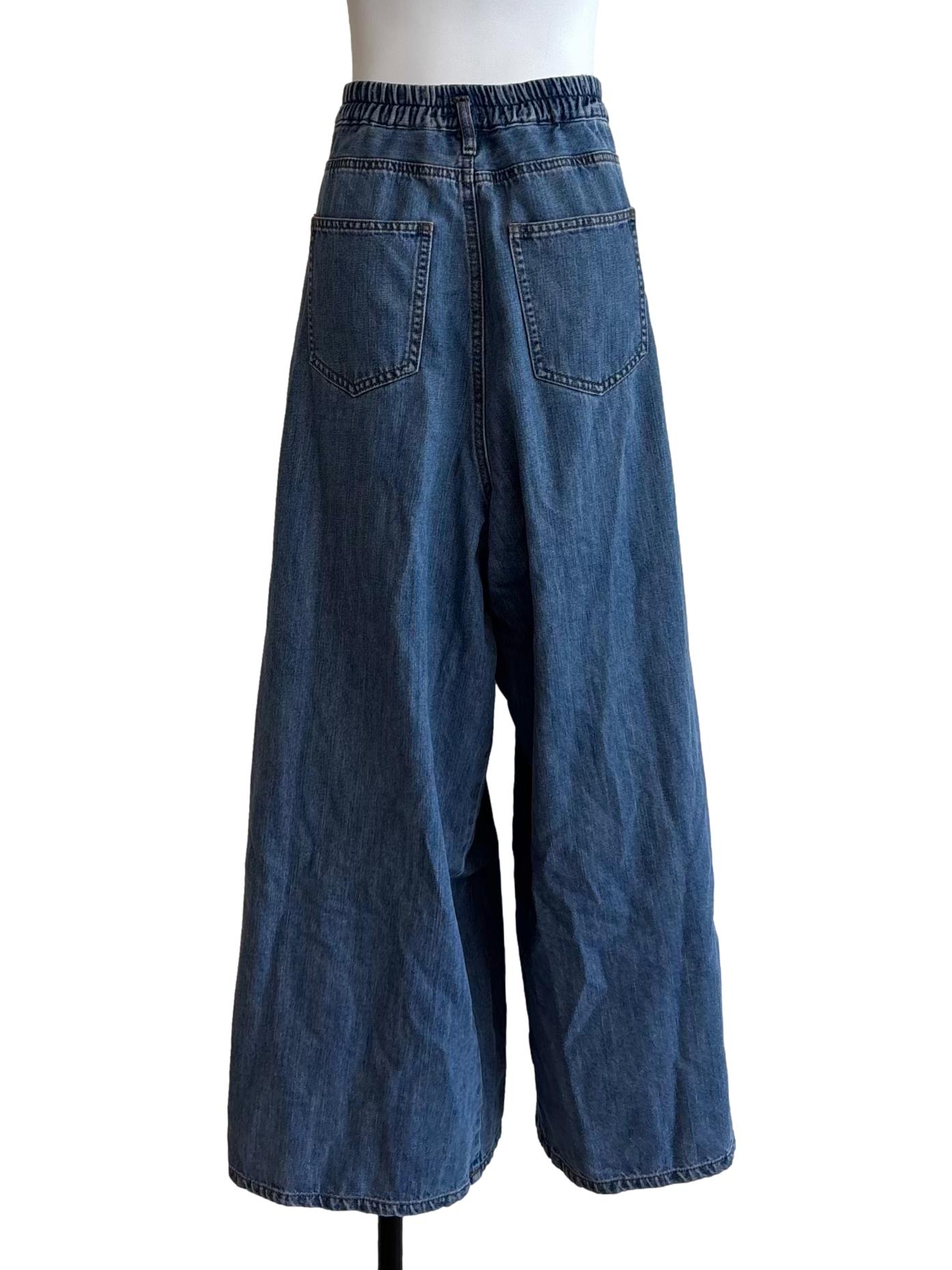 Denim Blue Pleated Waist Wide Jeans