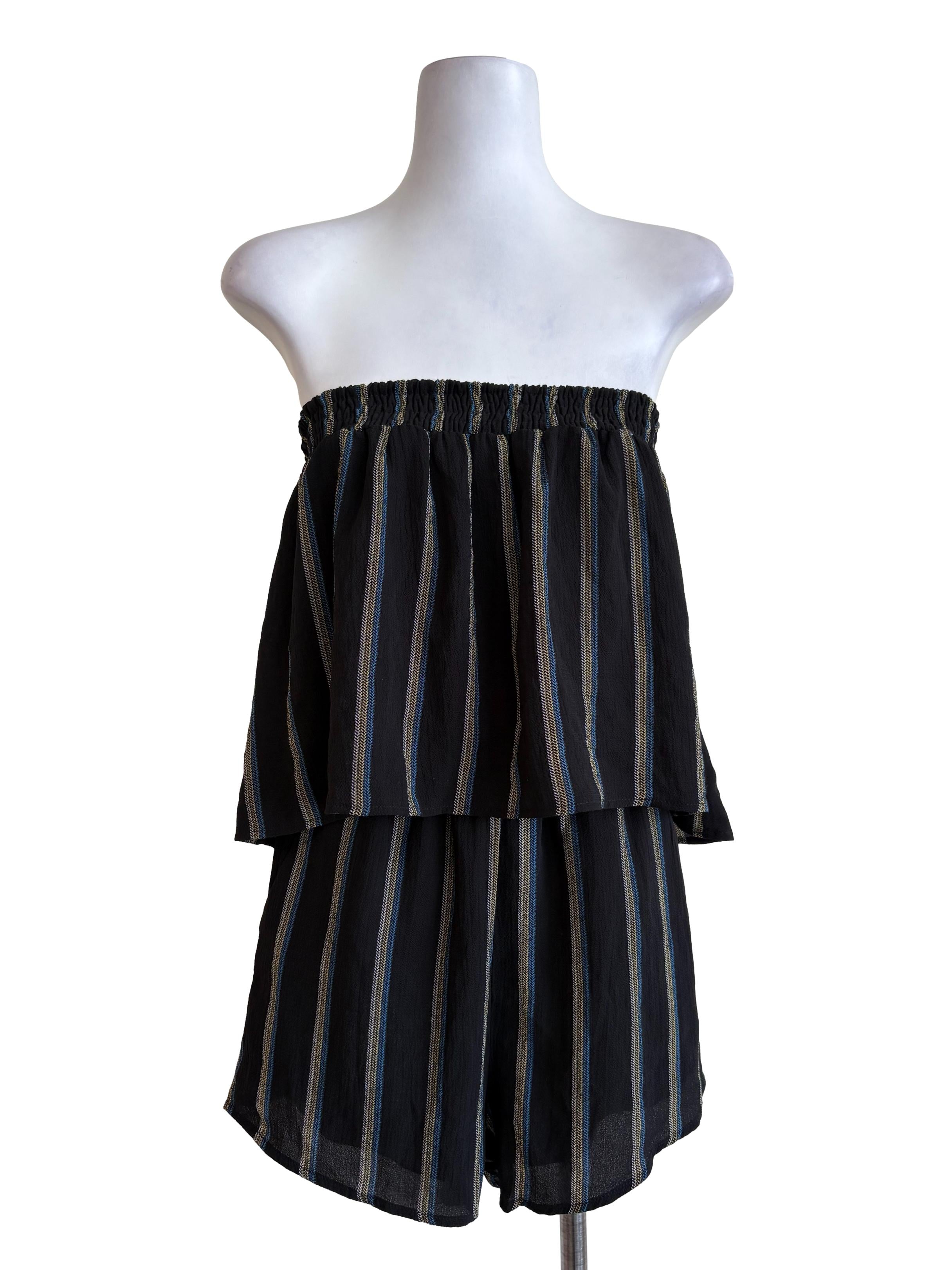 Black Stripped Strapless Layered Rompers