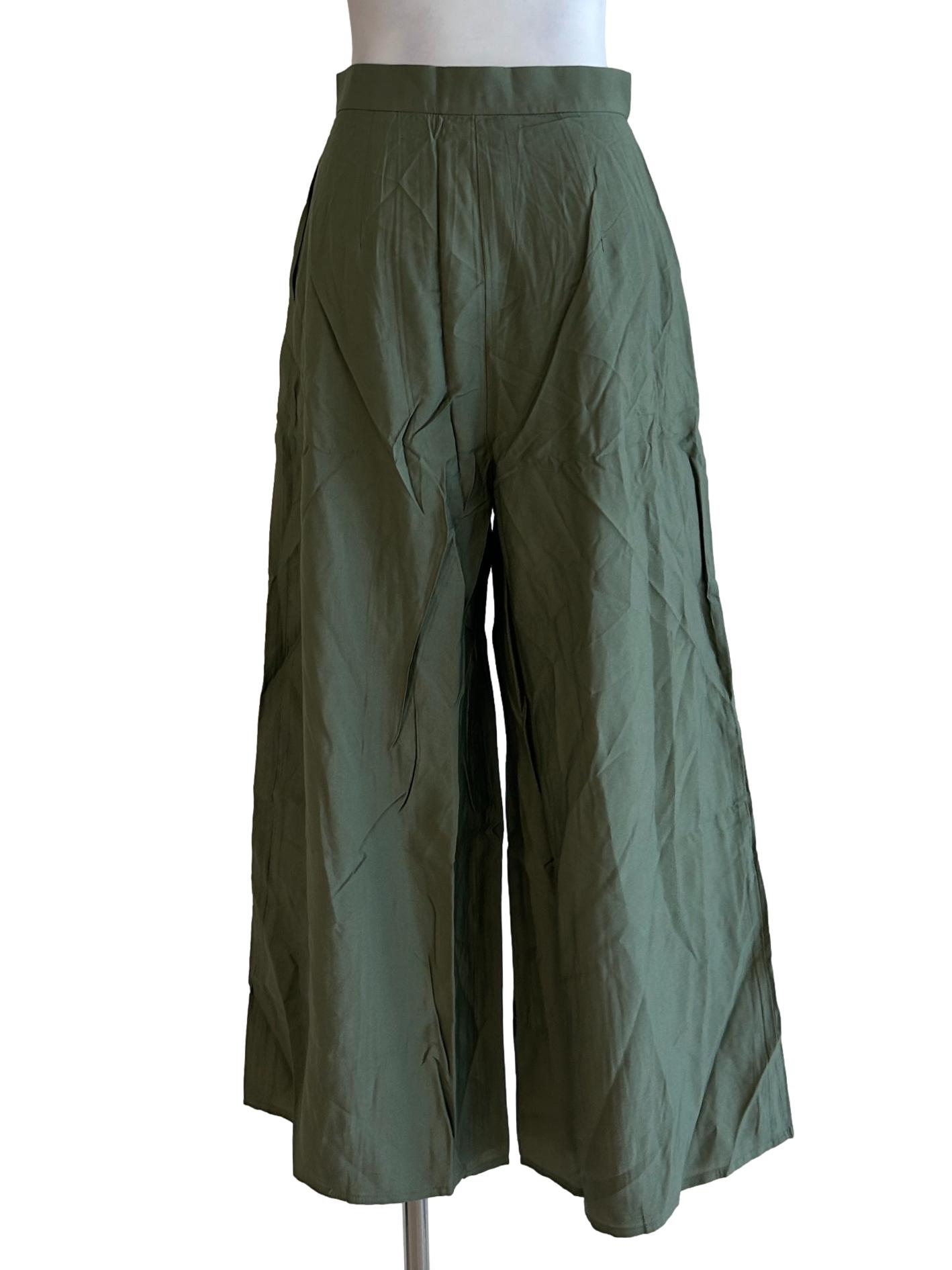 Army Green Rayon Wide-legged Pants OSN