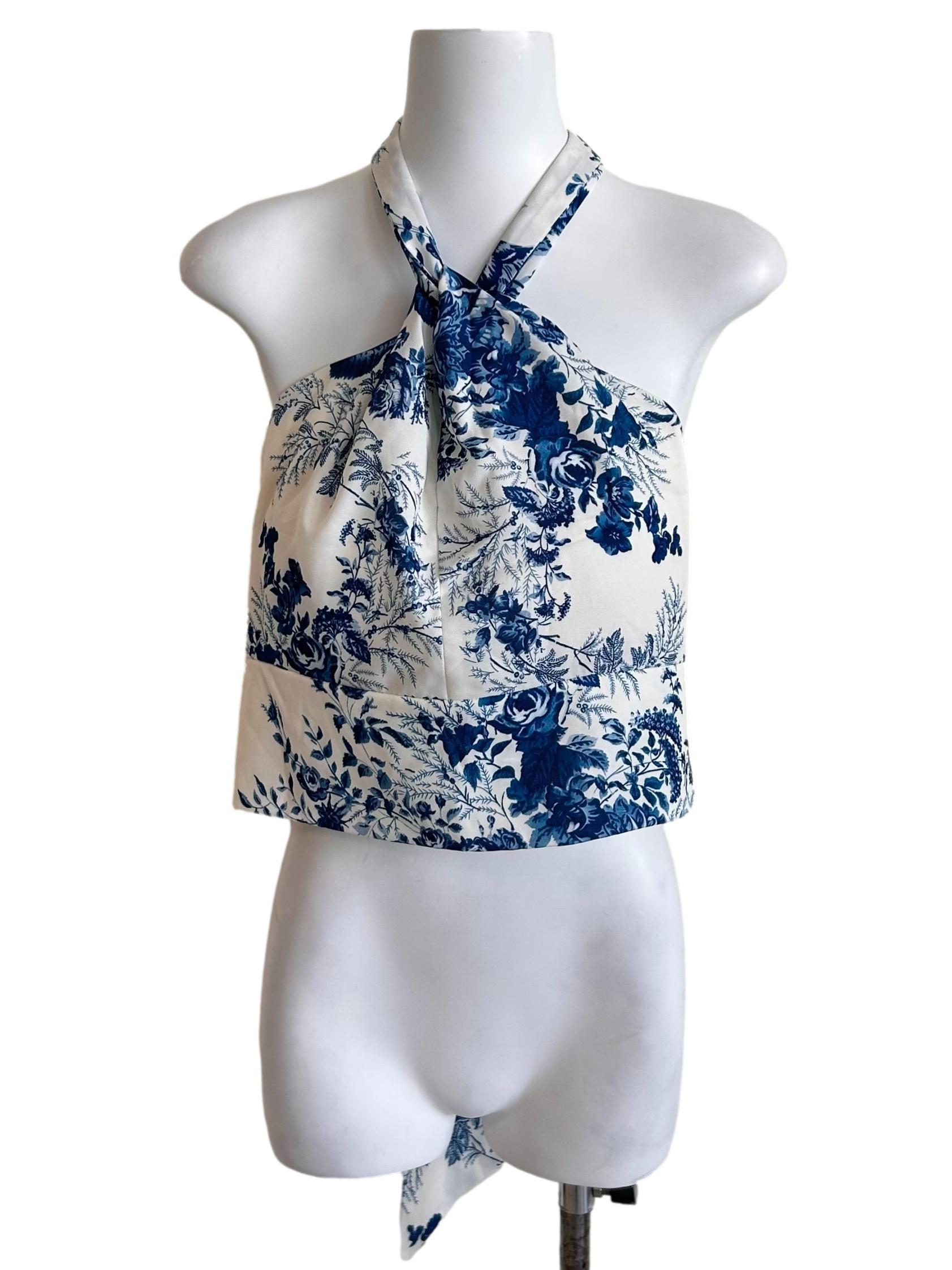 White Blue Floral Prints Halter Top