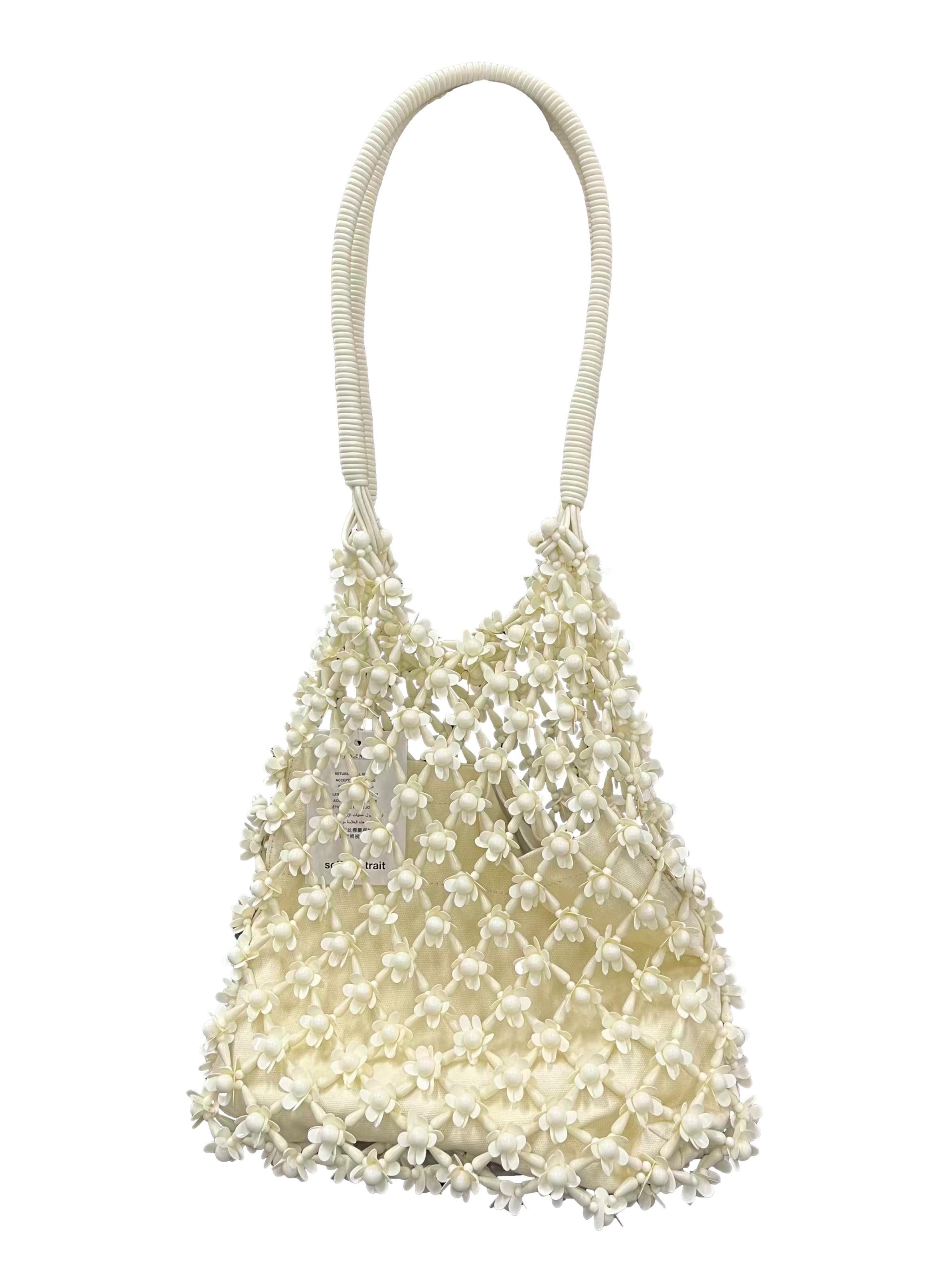 Cream Beaded Flower Shoulder Bag With Inner Canvas Pouch