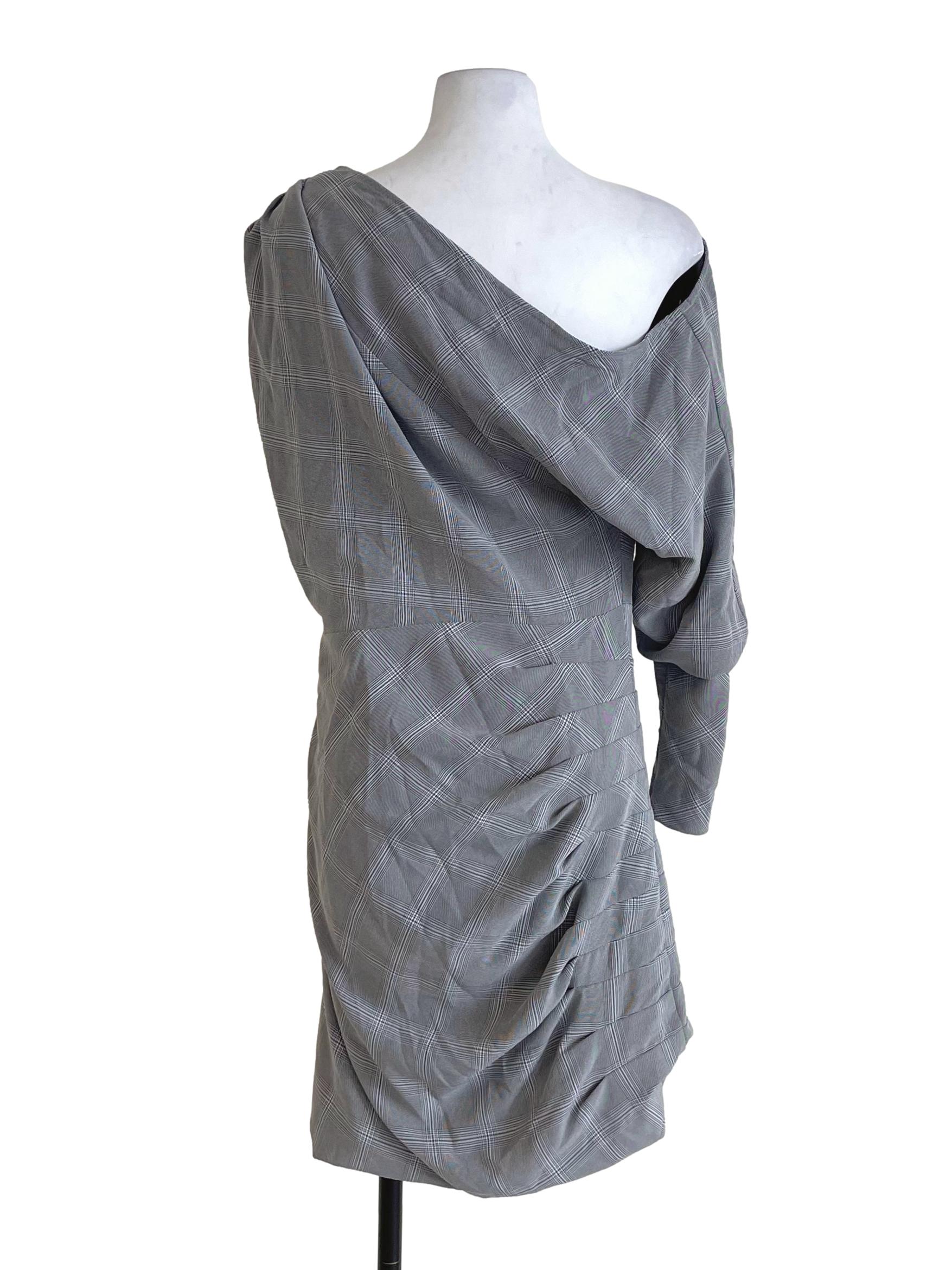 Grey Glen Check One Sleeve Draped Dress