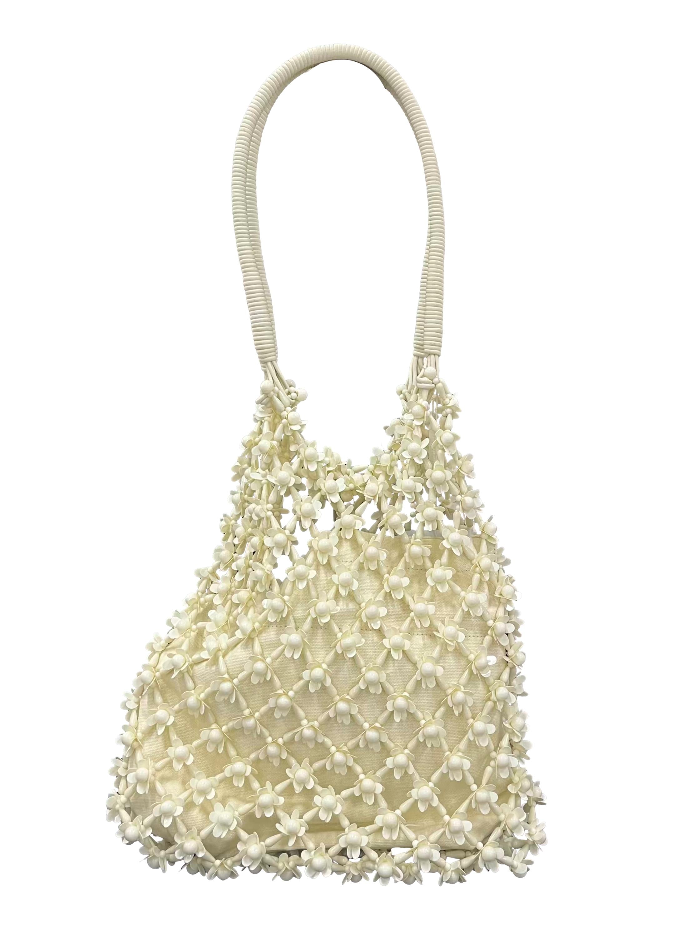 Cream Beaded Flower Shoulder Bag With Inner Canvas Pouch