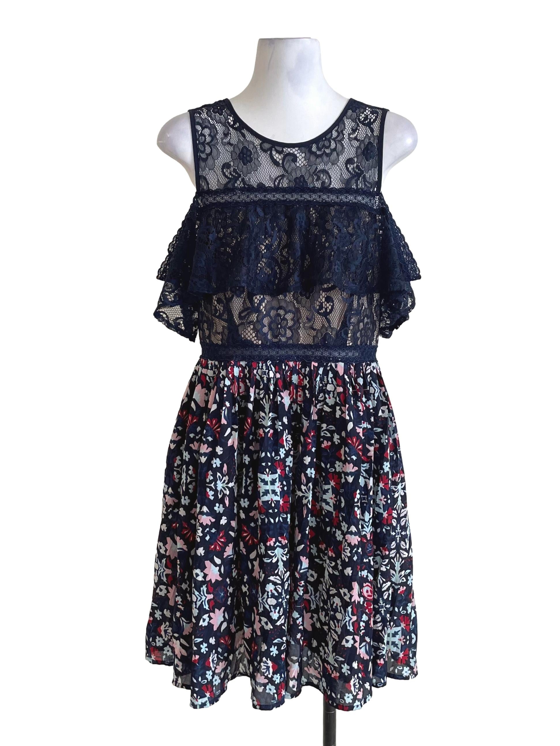 Navy Floral & Lace Off Shoulder Dress