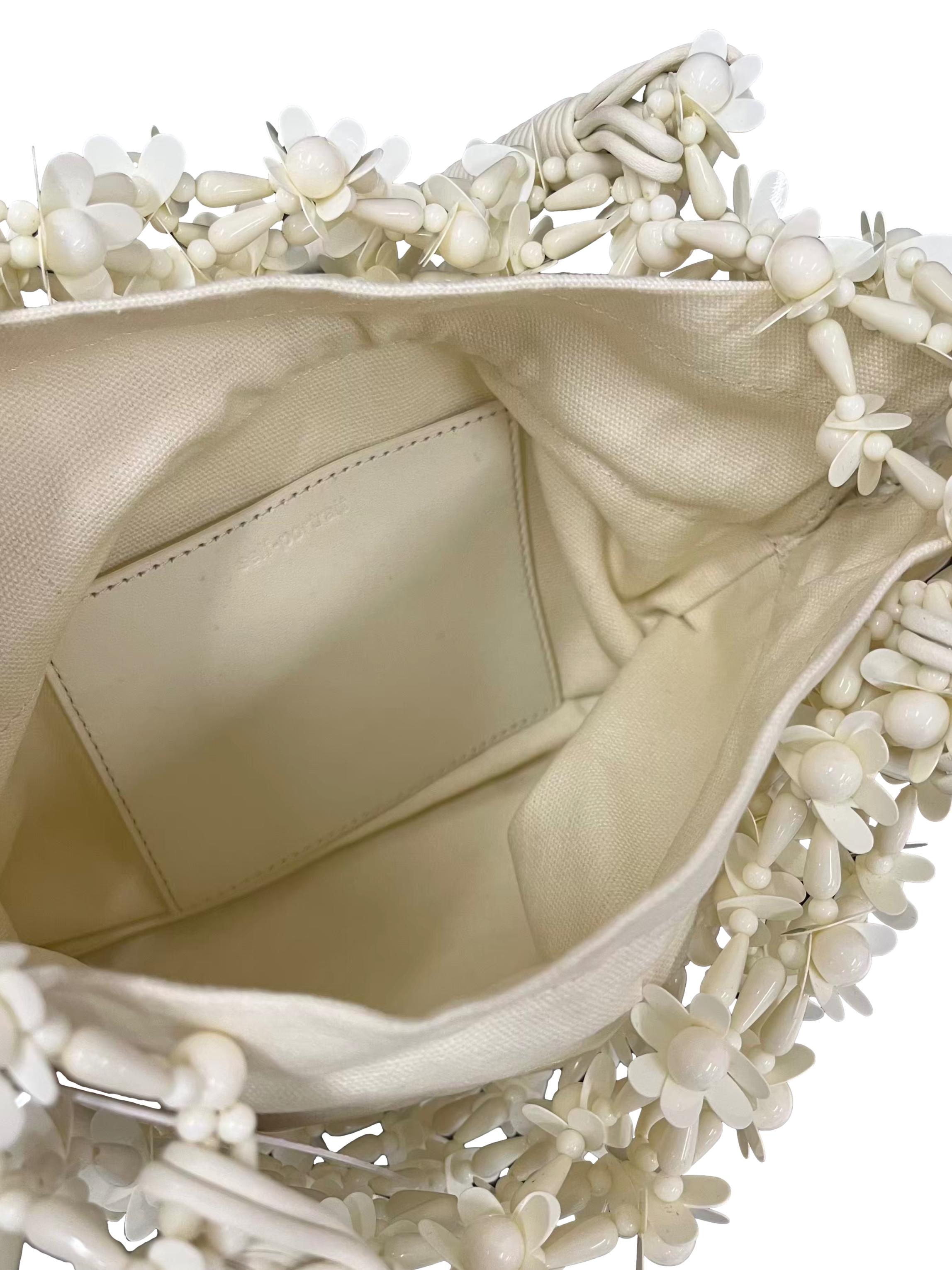 Cream Beaded Flower Shoulder Bag With Inner Canvas Pouch