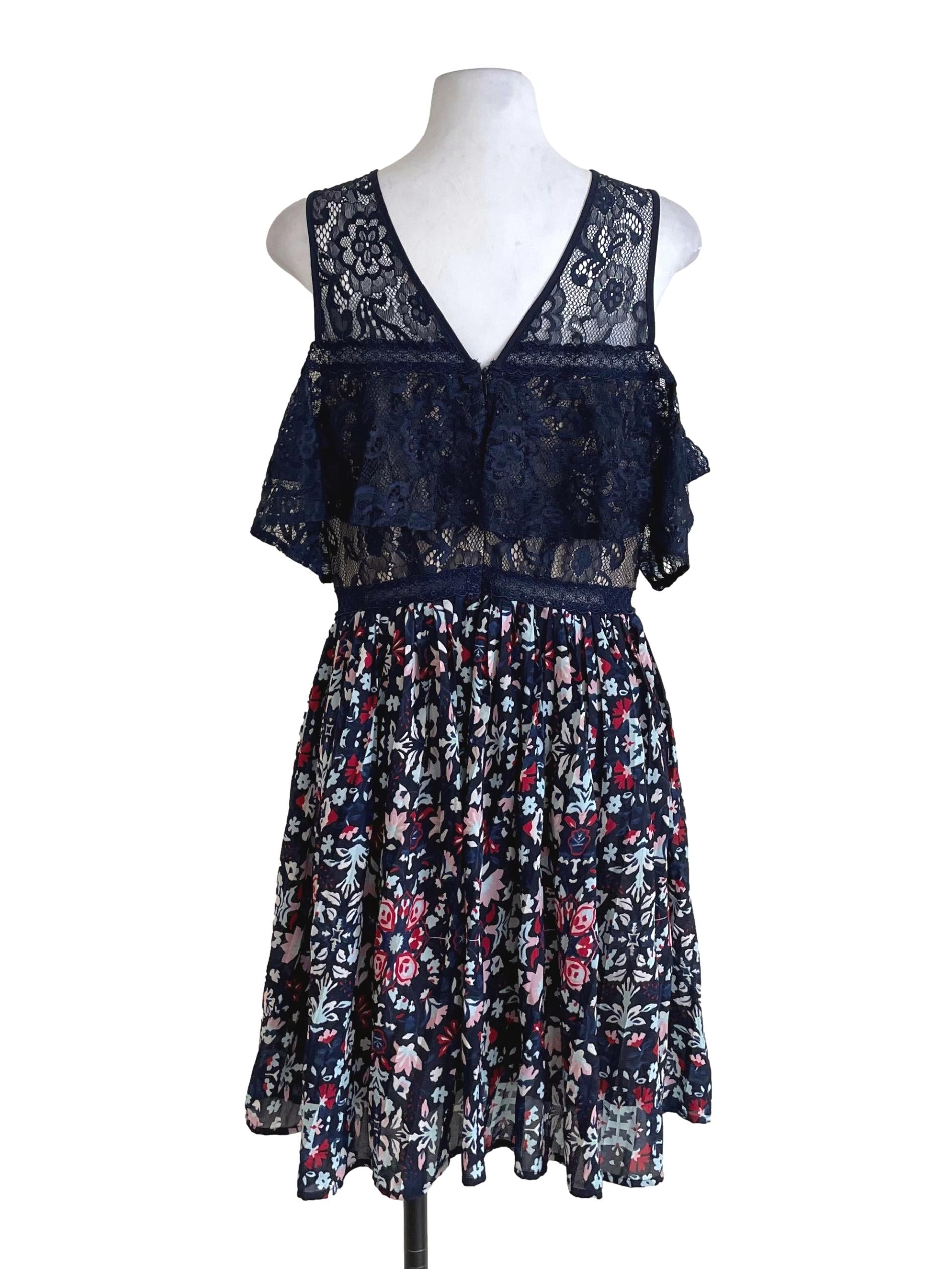 Navy Floral & Lace Off Shoulder Dress
