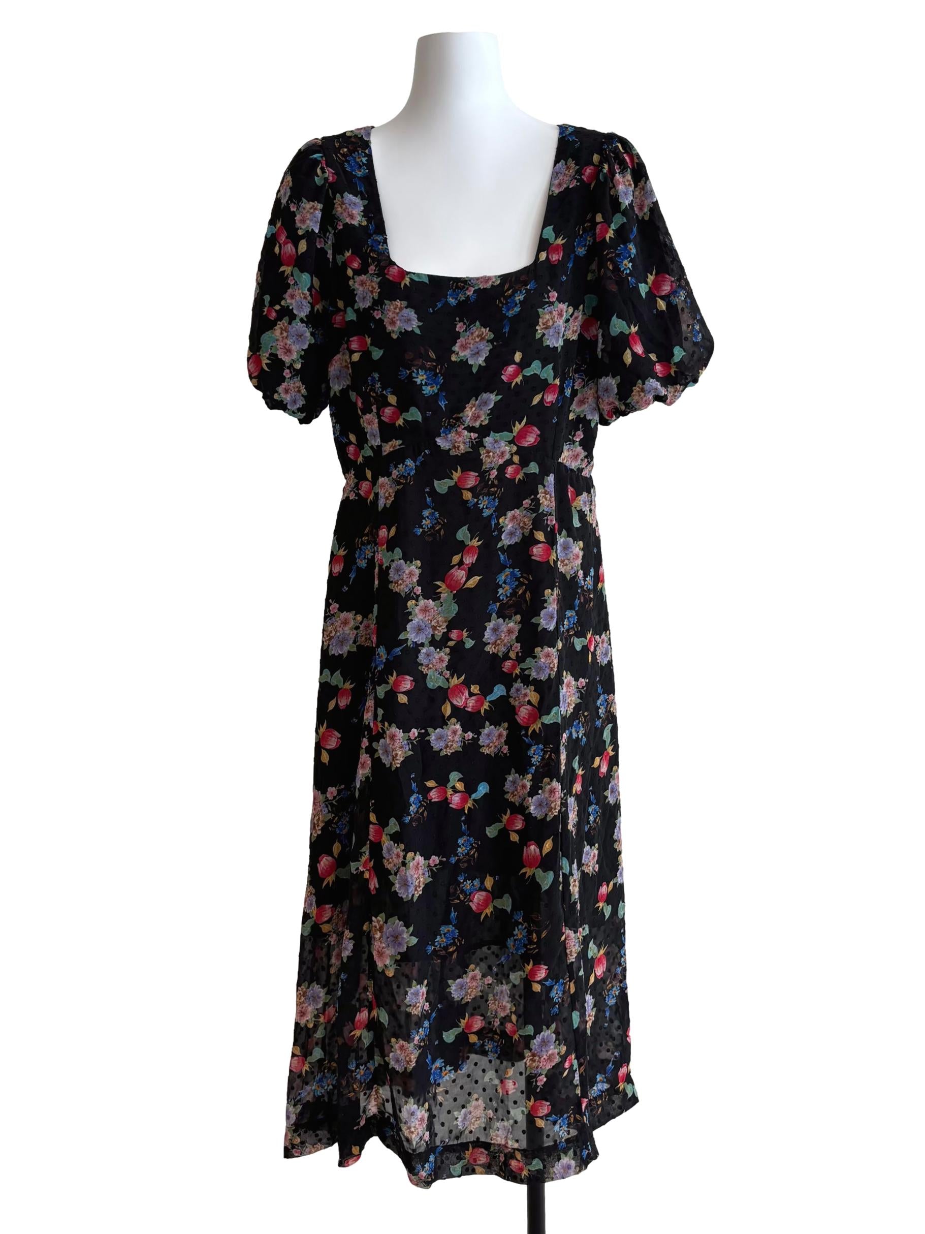 Raven Black Square Neck Floral Dress