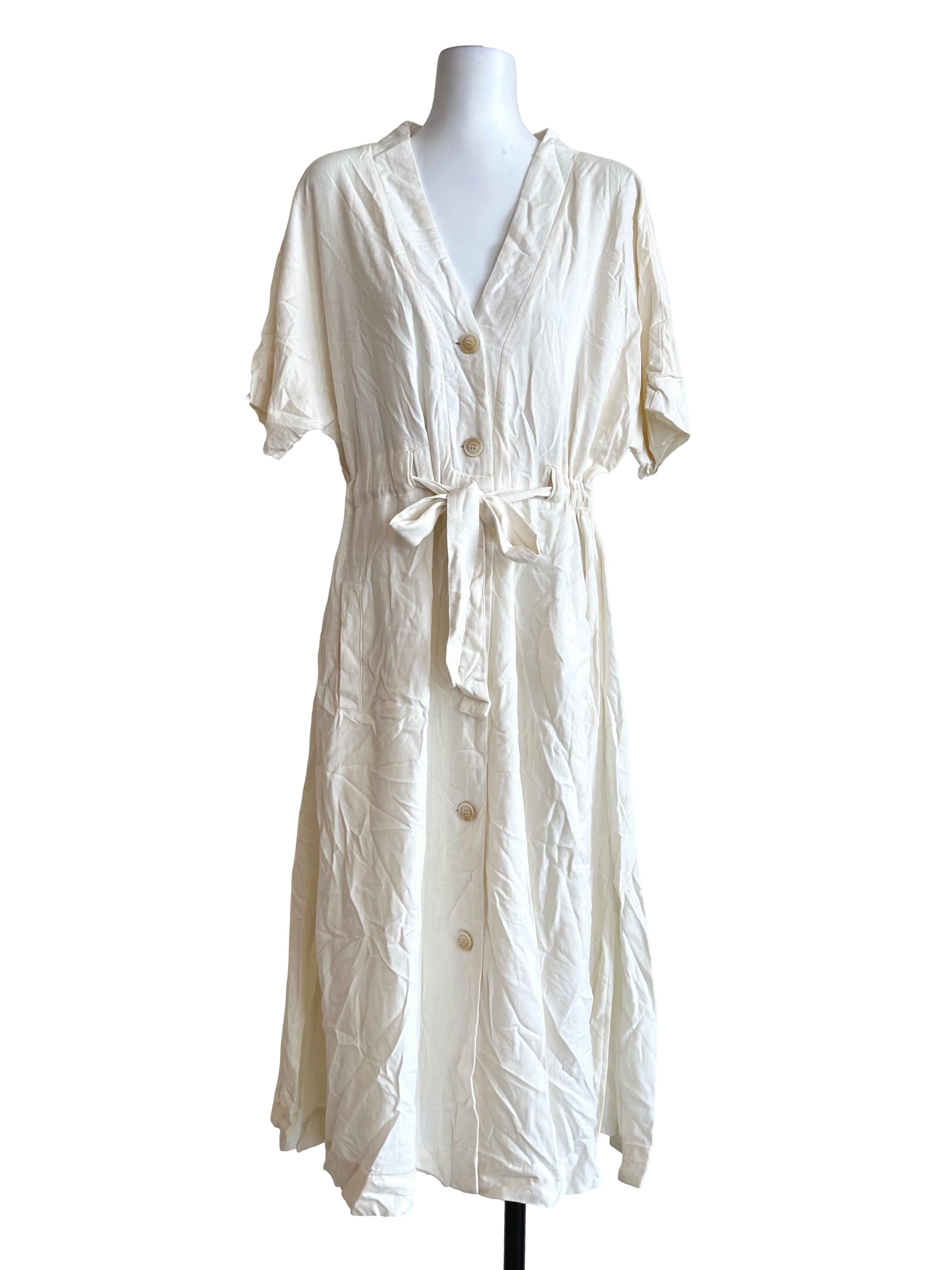 Cream White V-Neck Short Dress