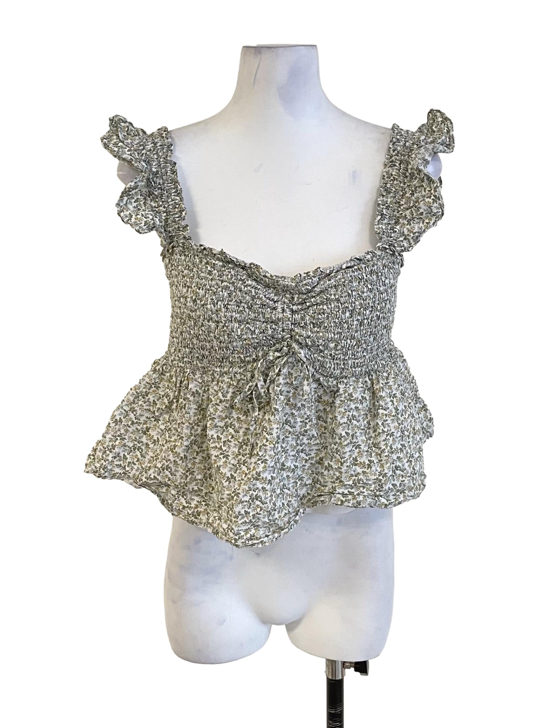 White & Green Floral Shirred Petite Top