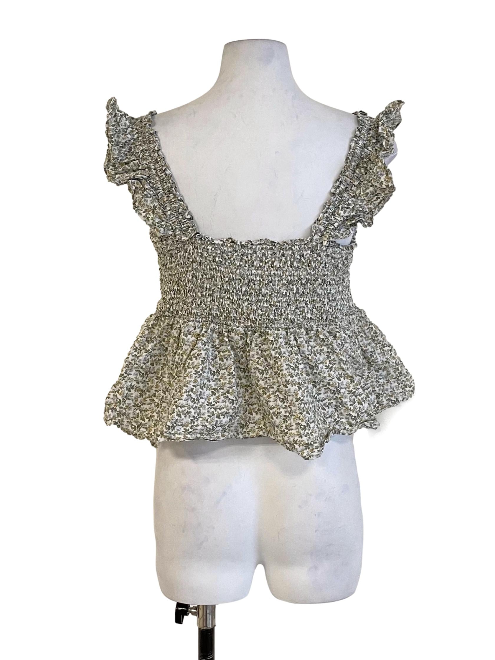 White & Green Floral Shirred Petite Top