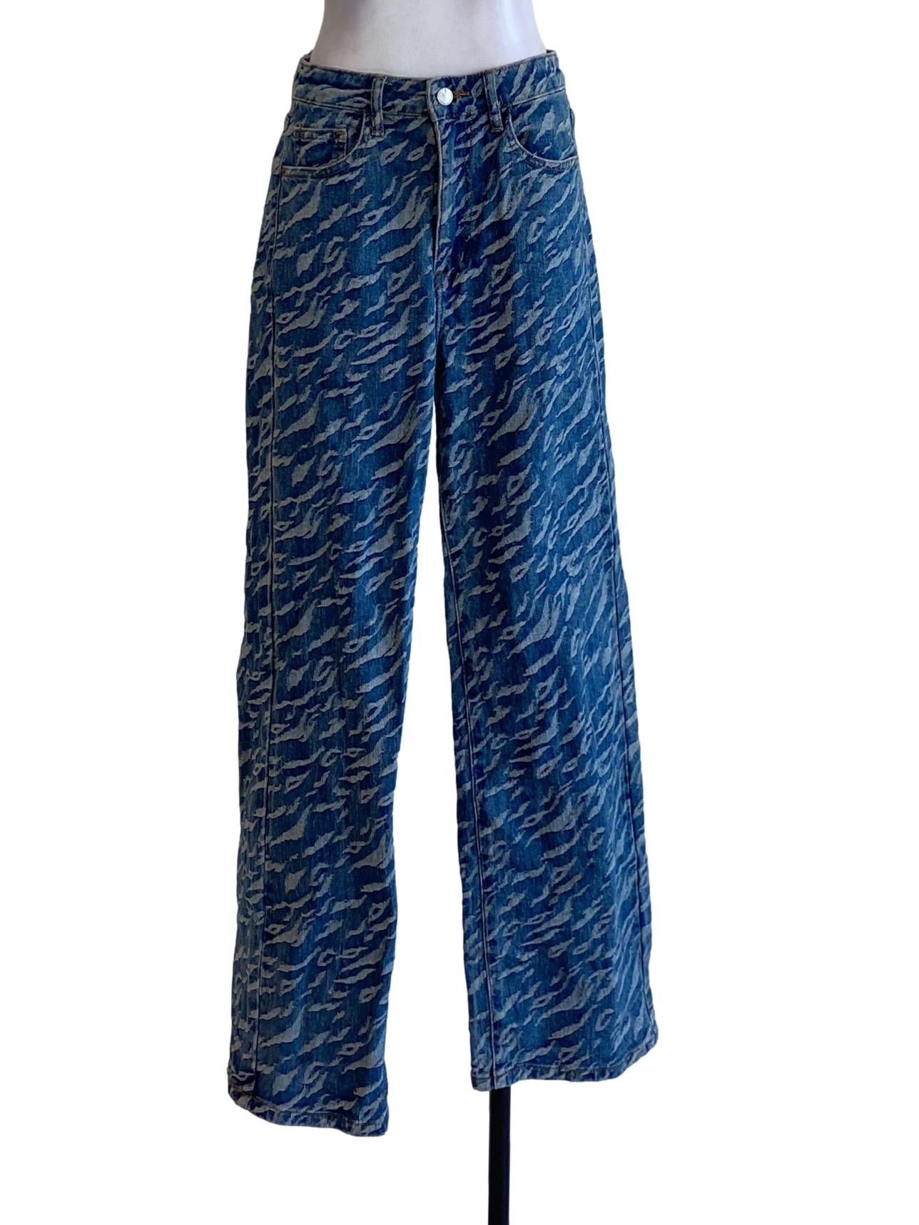 Denim Blue Printed High Waisted Straight Jeans