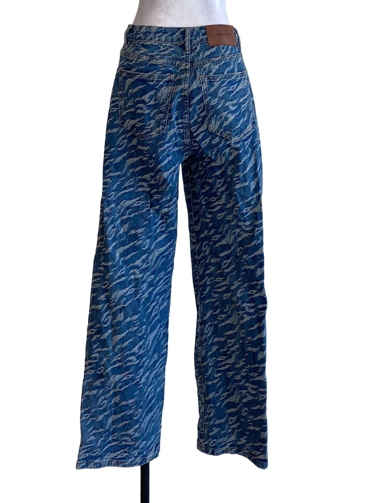 Denim Blue Printed High Waisted Straight Jeans