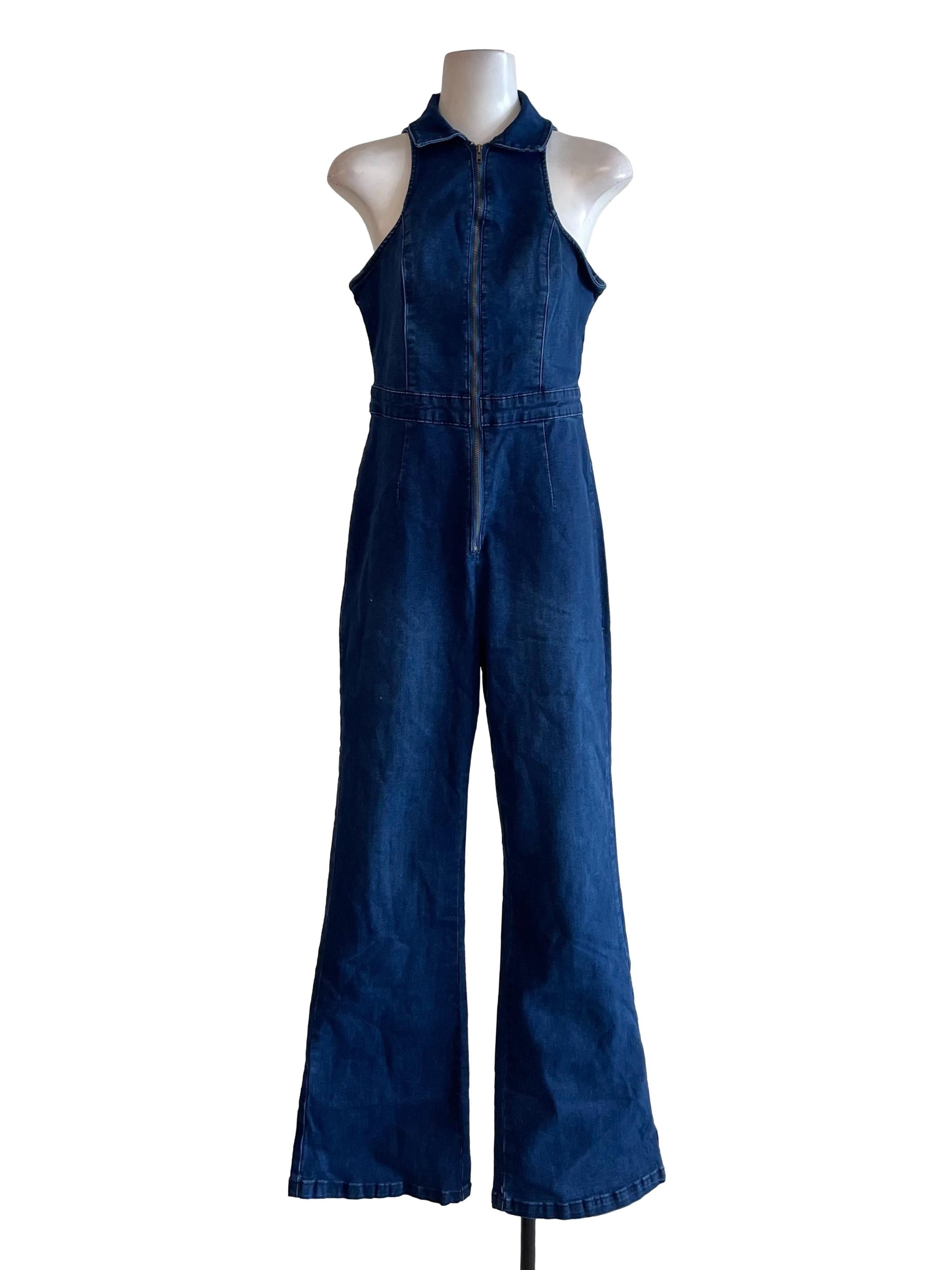 Blue Zip Up Collar Jumpsuit