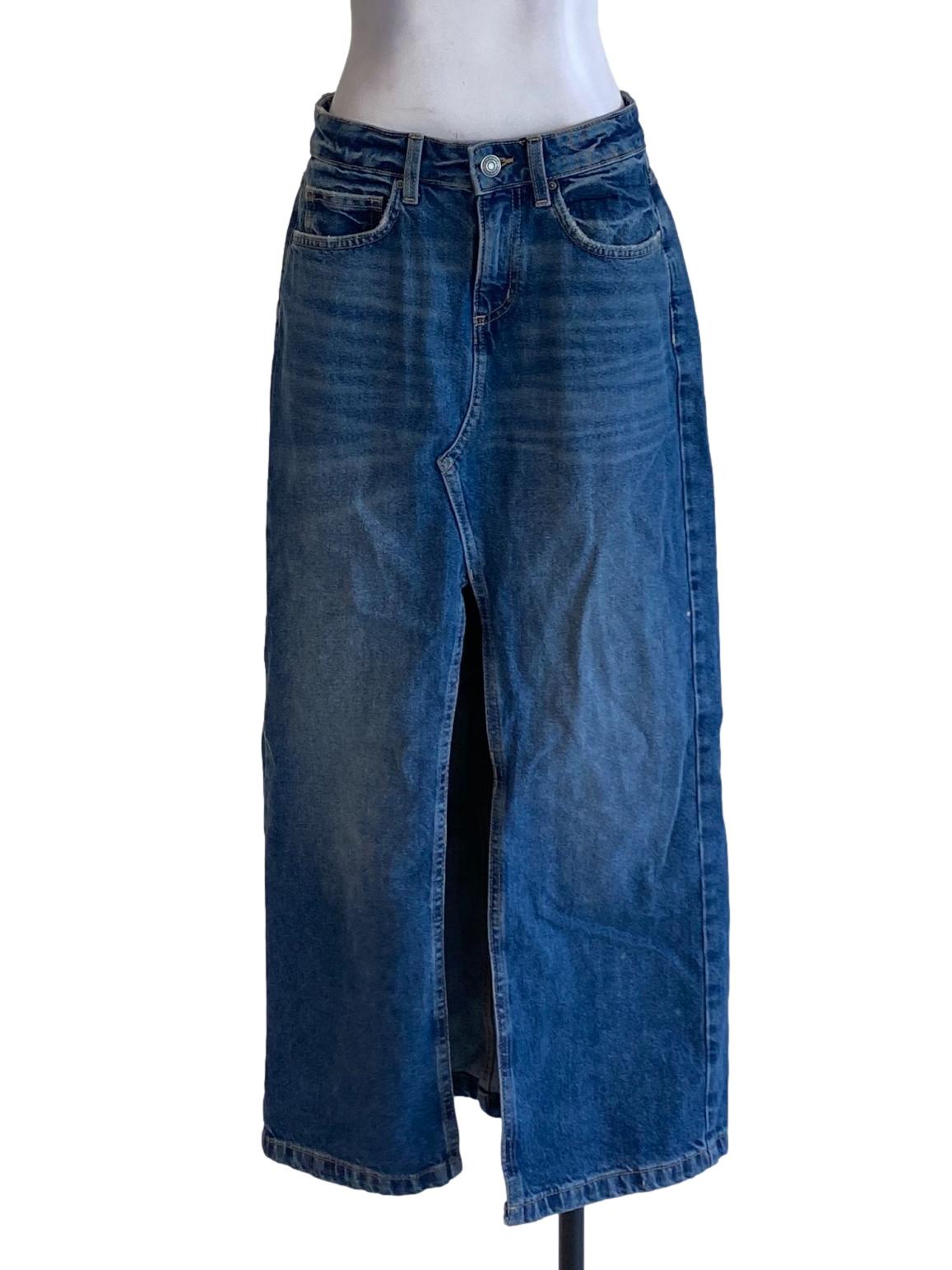 Denim Blue Buttoned Waist Regular Slit Skirt