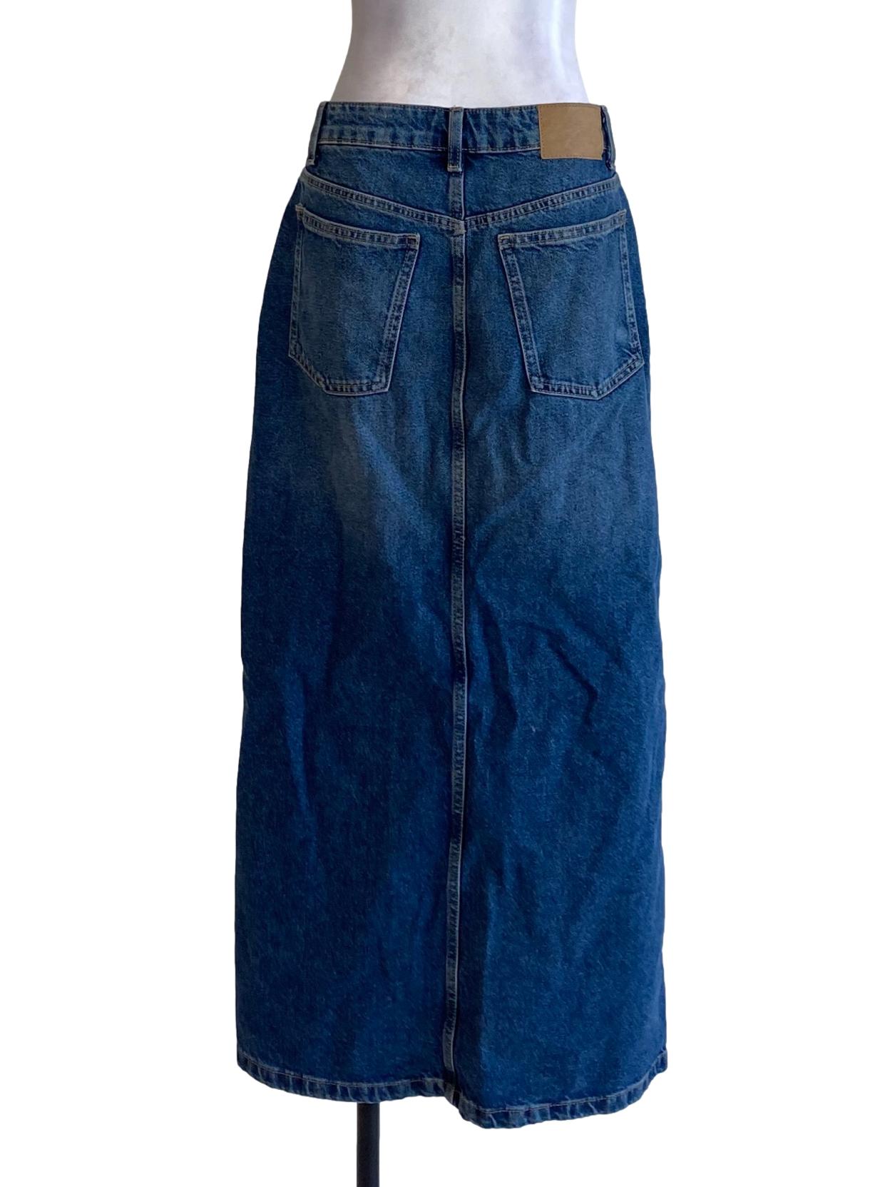 Denim Blue Buttoned Waist Regular Slit Skirt