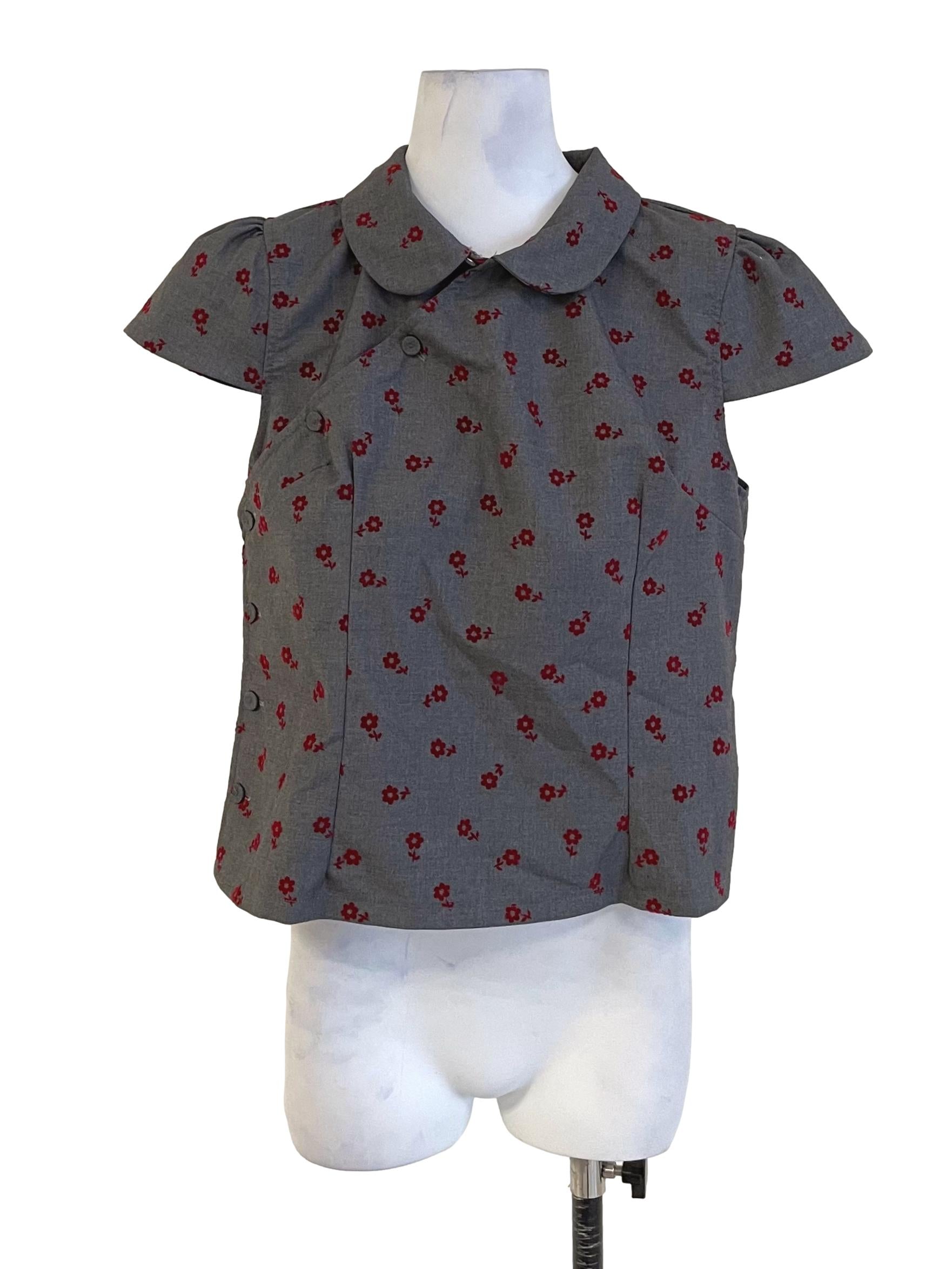 Shadow Grey Floral High Rounded Collar Top