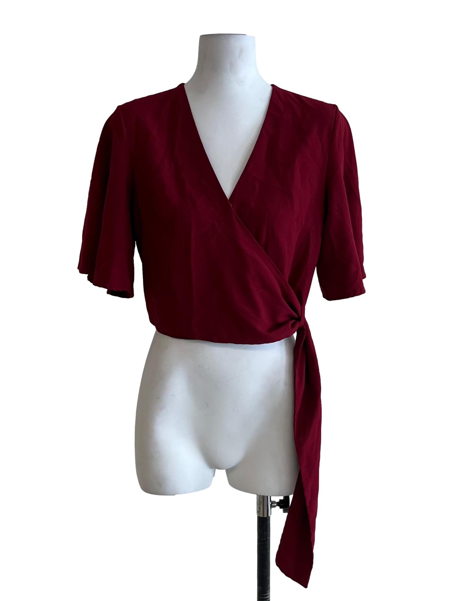 Wine Red Blue V-Neckline Blouse