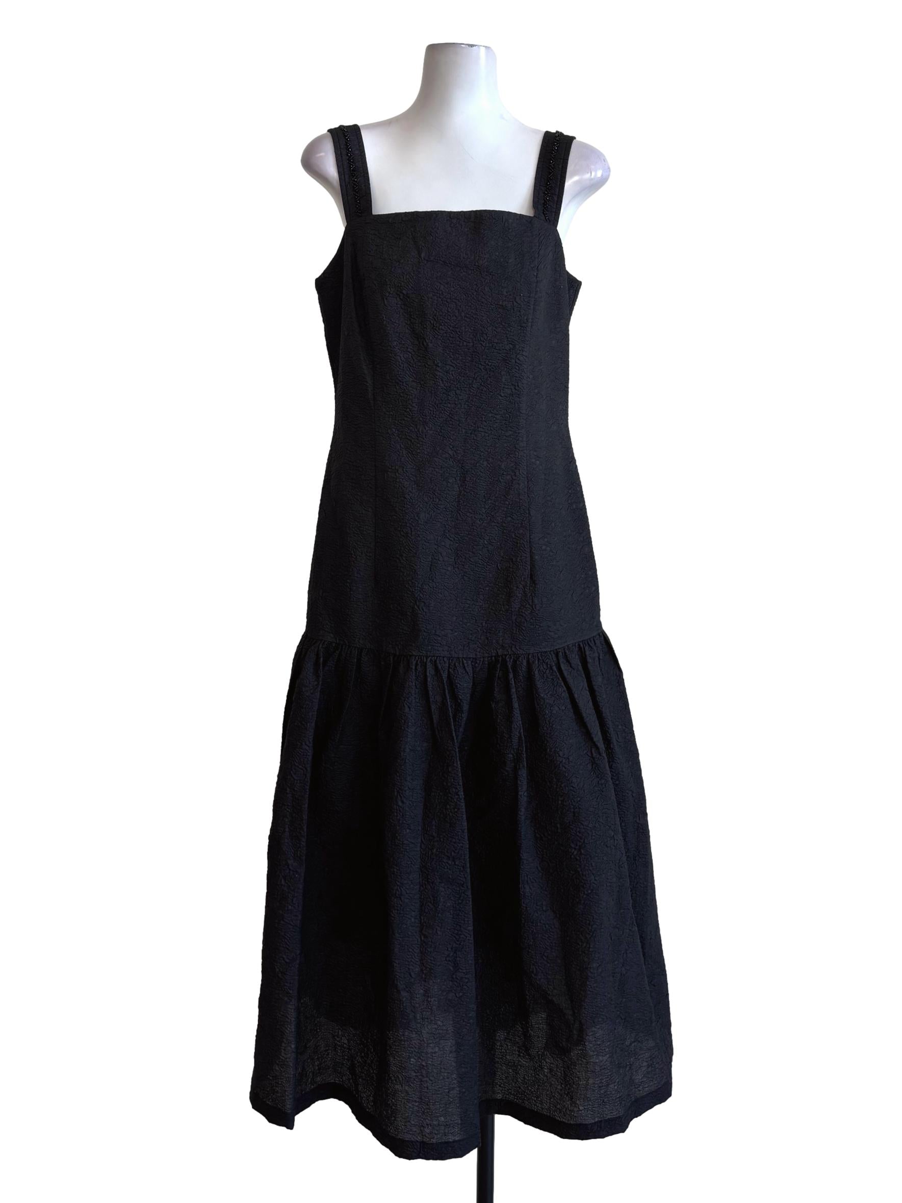 Soft Black Textured Drop Waist Dress