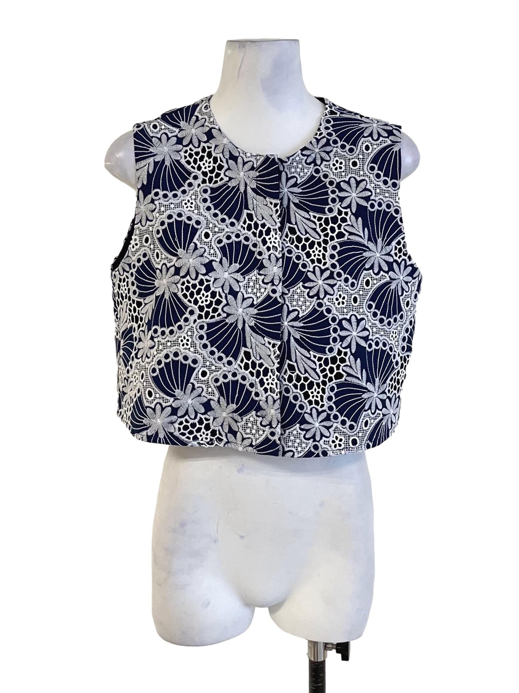 Dark Blue & White Lace Button Down Crop Top