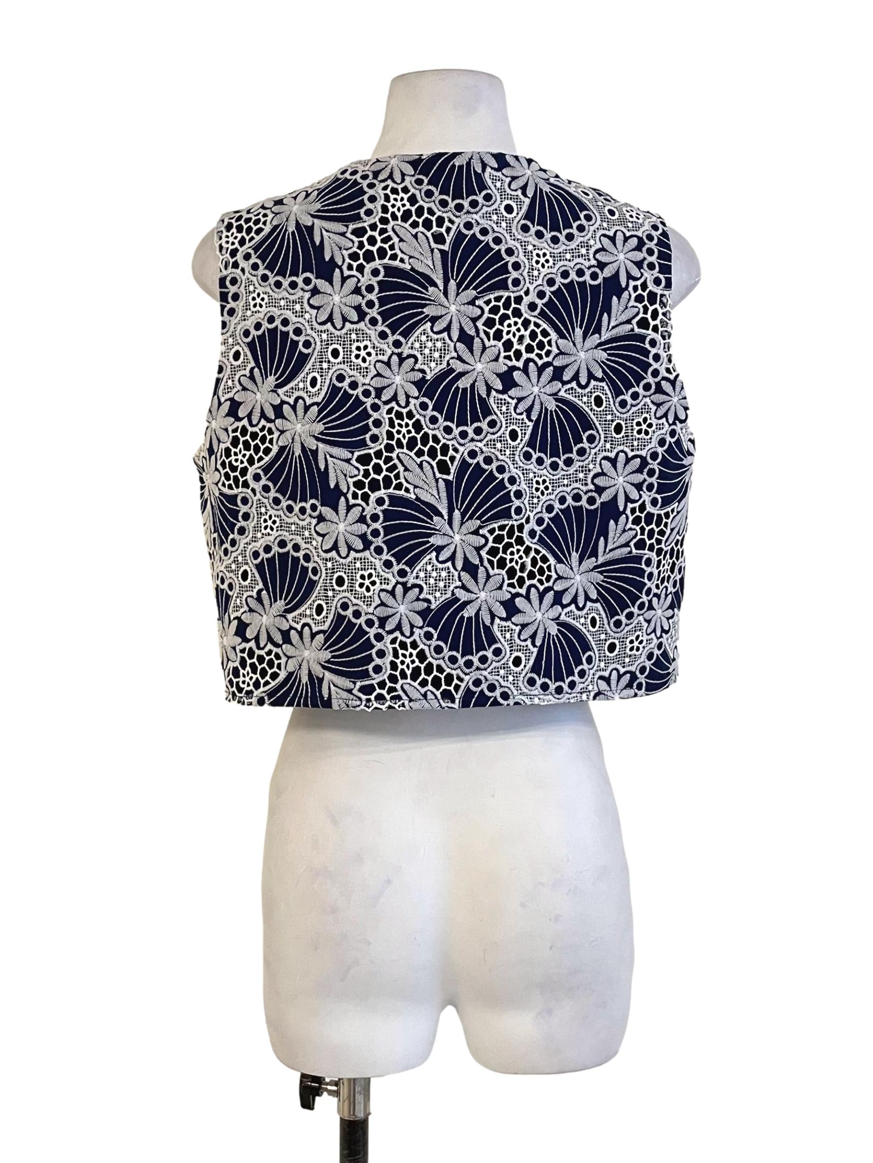 Dark Blue & White Lace Button Down Crop Top