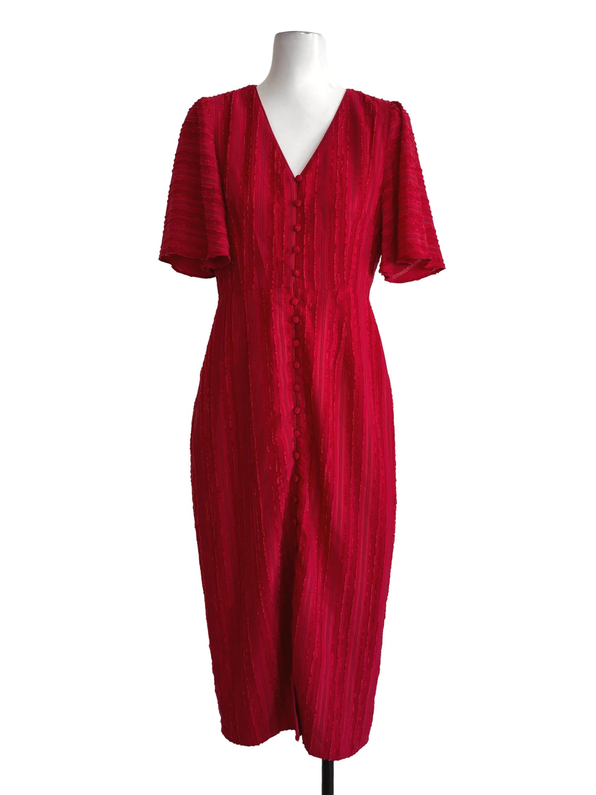 Red V-Neck Textured Pencil Dress LB