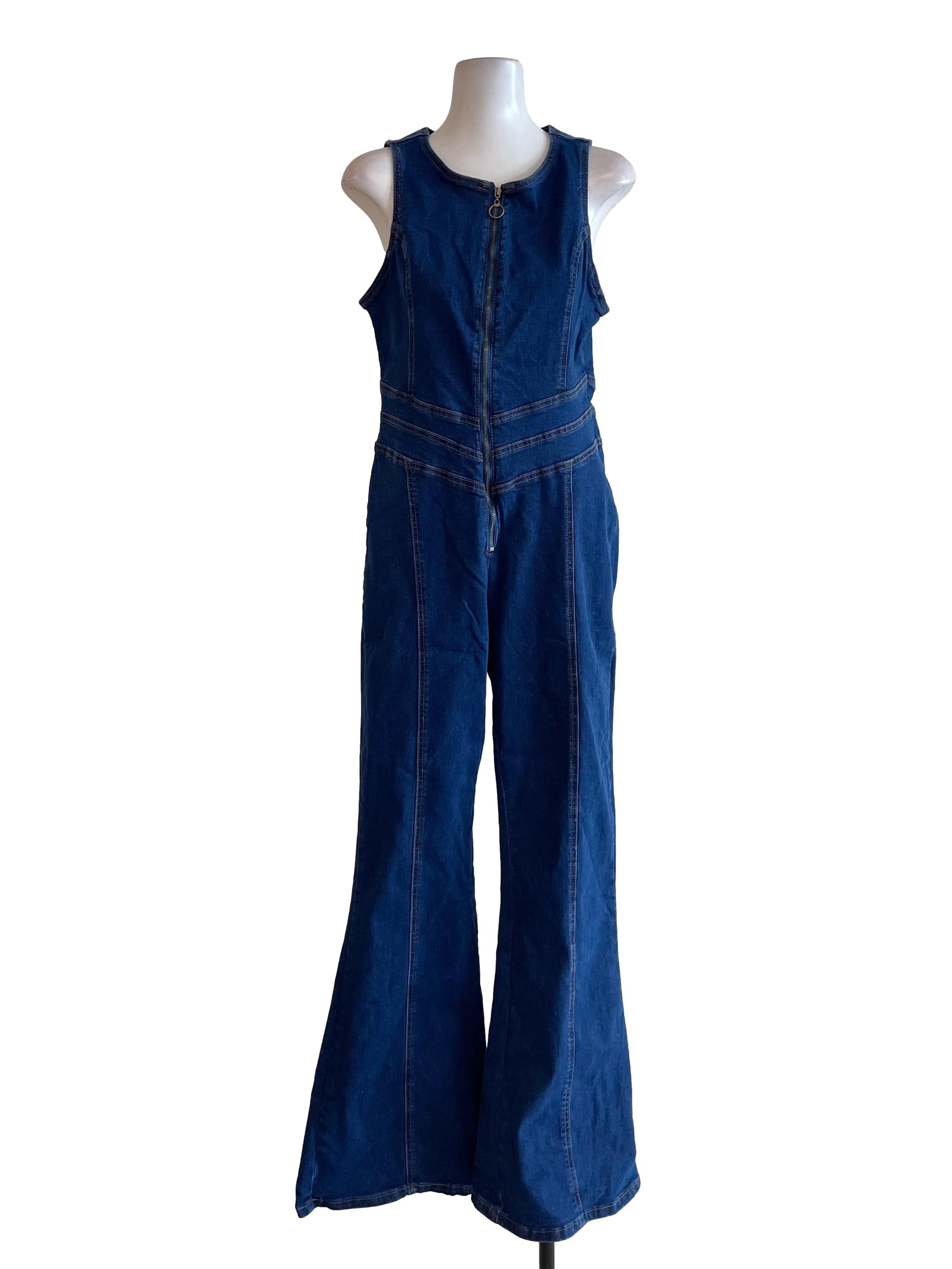 Blue Open Back Zip Up Jumpsuit